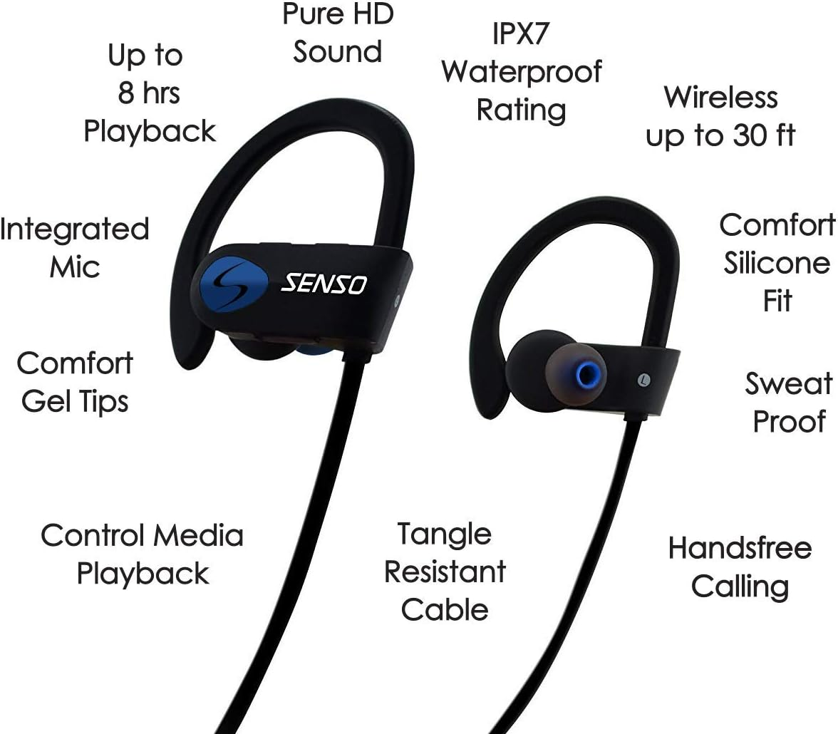 SENSO Bluetooth Headphones, Best Wireless Sports Earphones W/Mic IPX7 Waterproof HD Stereo Sweatproof Earbuds for Gym Running Workout 8 Hour Battery Noise Cancelling Headsets (Black Blue) image number 4