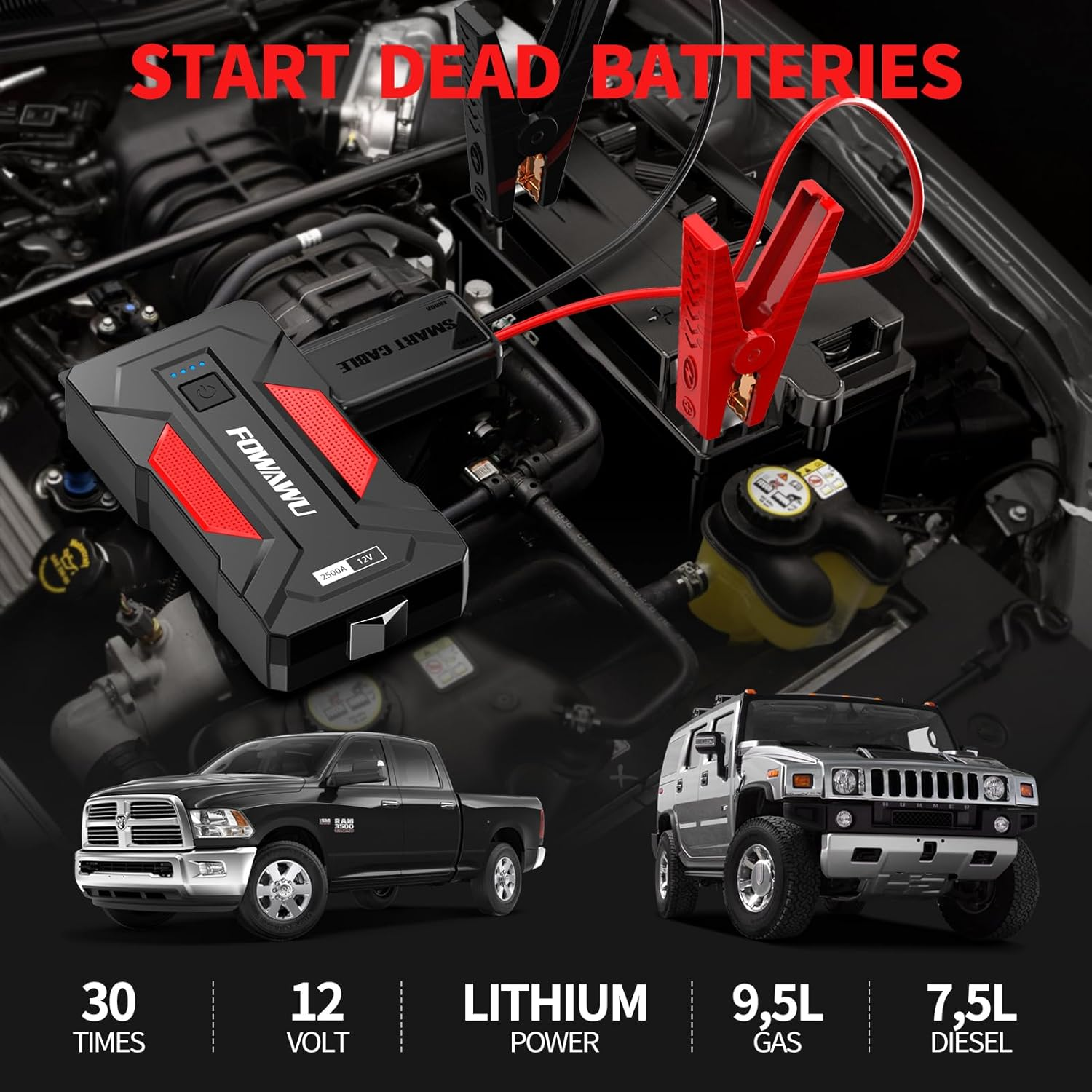 FOWAWU 6000A 22800Mah Car Jump Starter (9.5 L Gas,7.5 L Diesel), 12 V Car Battery Jump Starter, Battery Jumper Starter Portable with USB/LED Light image number 5