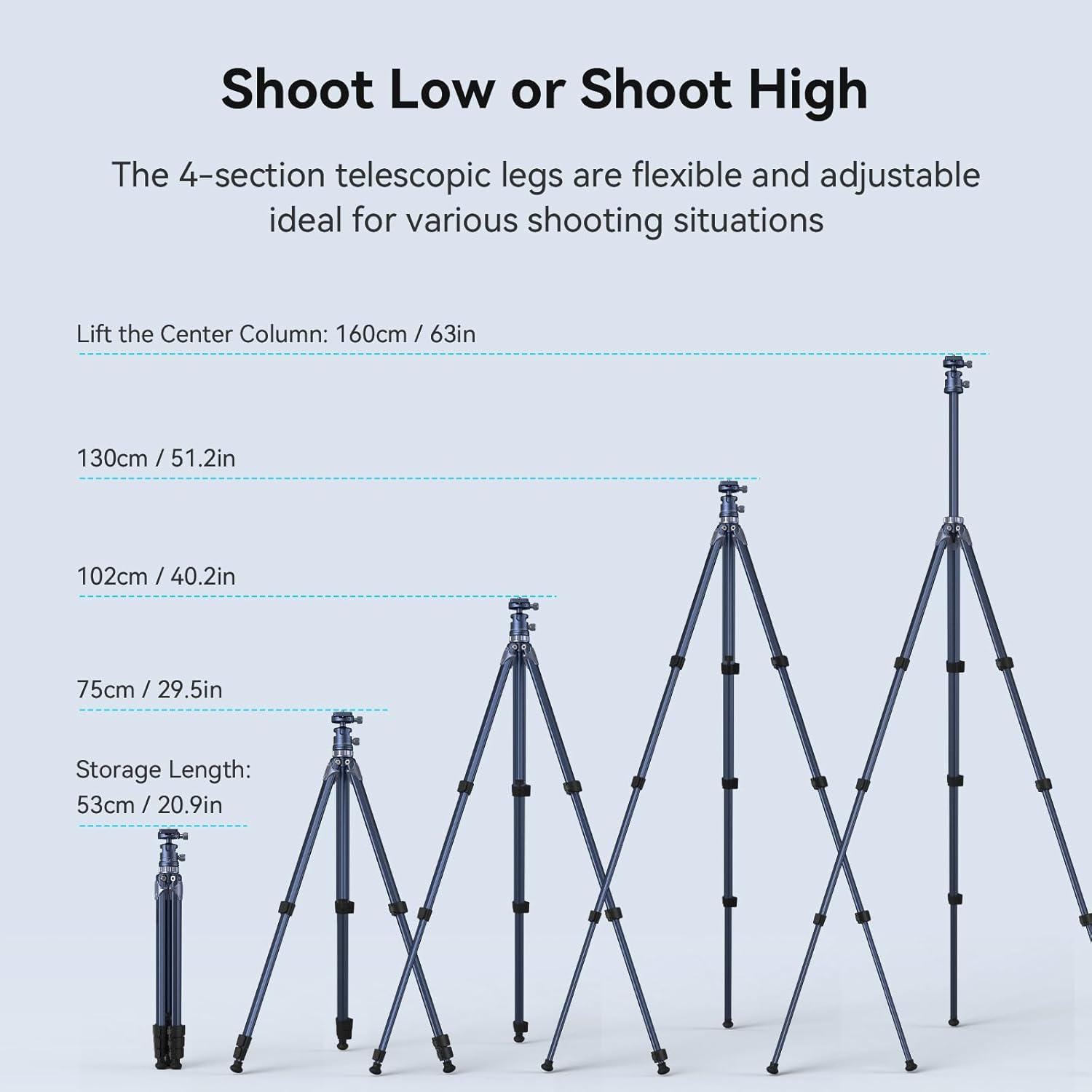 Smallrig 63" Lightweight Travel Tripod, Camera Tripod with Compact Unconventional Center Column, 360&deg; Ball Head, QR Plate, Travel Bag, Load up to 17.6 Lbs / 8 Kg, for Most DSLR Cameras -4222 image number 4