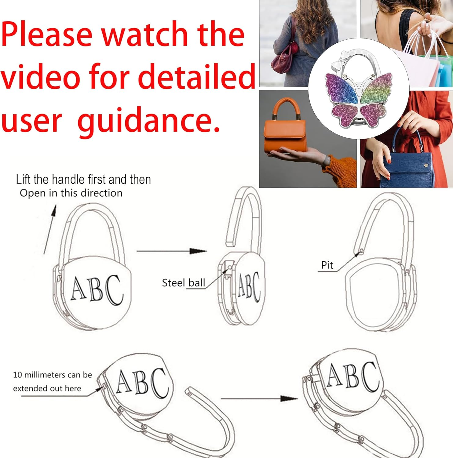 Under Table Top Cute Purse Bag Backpack Travel Hook Women'S Handbag Desk Instant Hanger Foldable Mobile Pocketbook Holder Magnet Portable Decorative Bling Clip Light Restaurant Bar Office Gadget Gift - 1 Silver Butterfly Shaped Hook + 2 Stickers image number 5