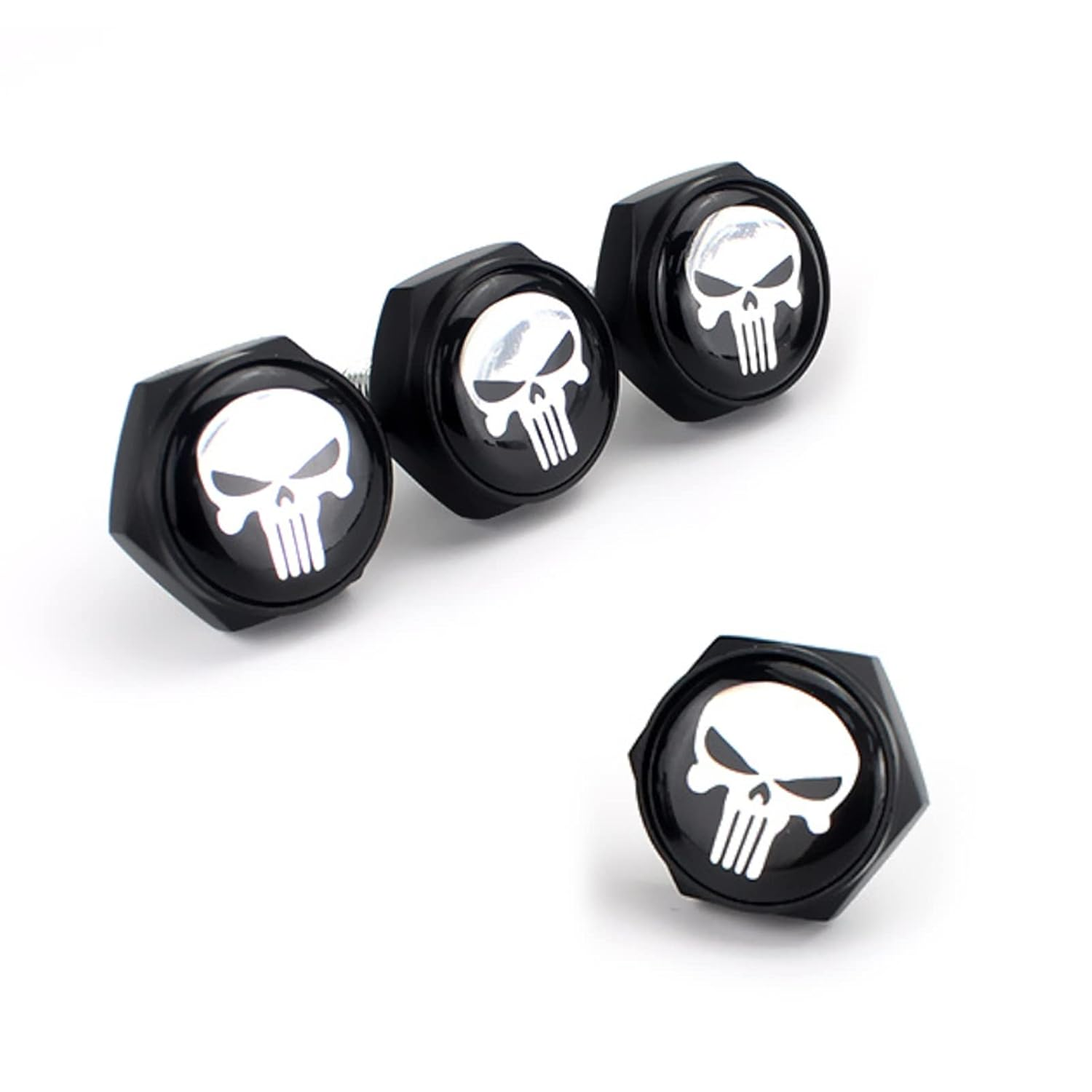 Pack-4 License Plate Screws Fastener Kit, White Skull Aluminum Alloy Car anti Theft Screw Caps, License Plate Frame Decorative Bolts for Car Truck Motorcycle SUV (Silver)