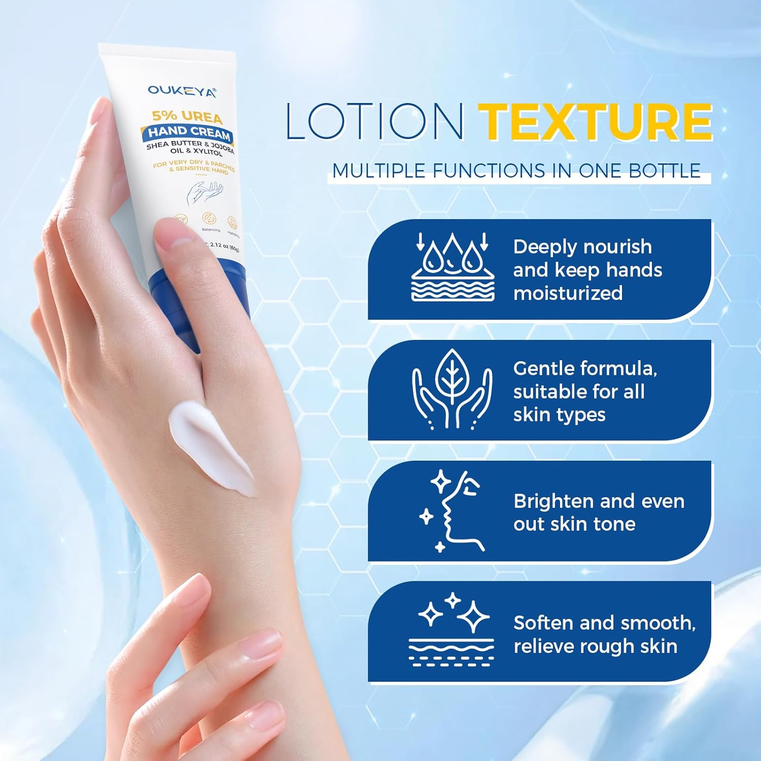 OUKEYA Urea Hand Cream with 5% Urea for Extremely Dry, Rough Hands, Deep Moisturiser & Fast-Absorbing, Perfect Travel Size for On-The-Go Care 60G image number 1