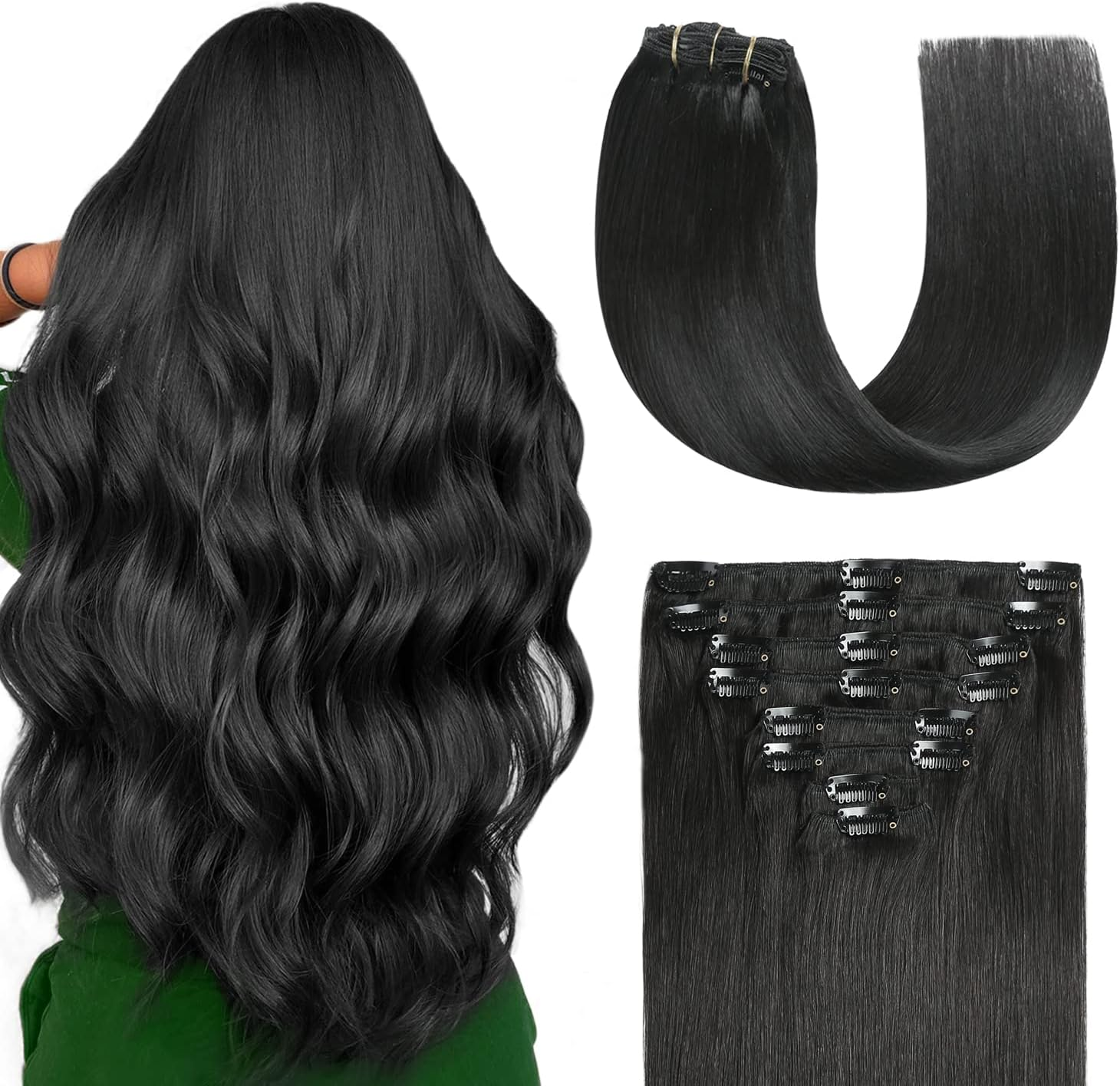 Sunya Clip-In Real Hair Extensions, Burgundy Real Human Hair Extensions, Invisible, 45 Cm, Semaless Clips, 7 Pieces, 80 G/Pack, #99J