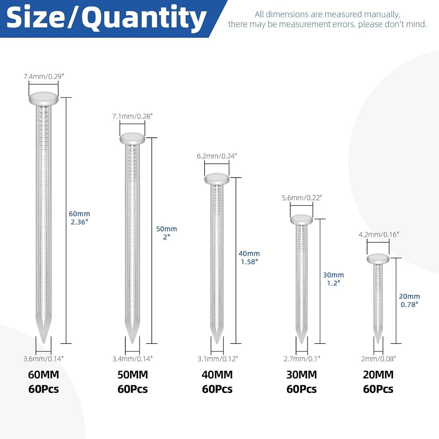 Glarks 300Pcs 20/30/40/50/60Mm Brick Steel Nails Kit, White Zinc Carbon Steel Hardware Nails, Finishing Nails, Brad and Picture Hanging Nails, Wood Nails, Cement Nails for Drywall and Pine - Black image number 5