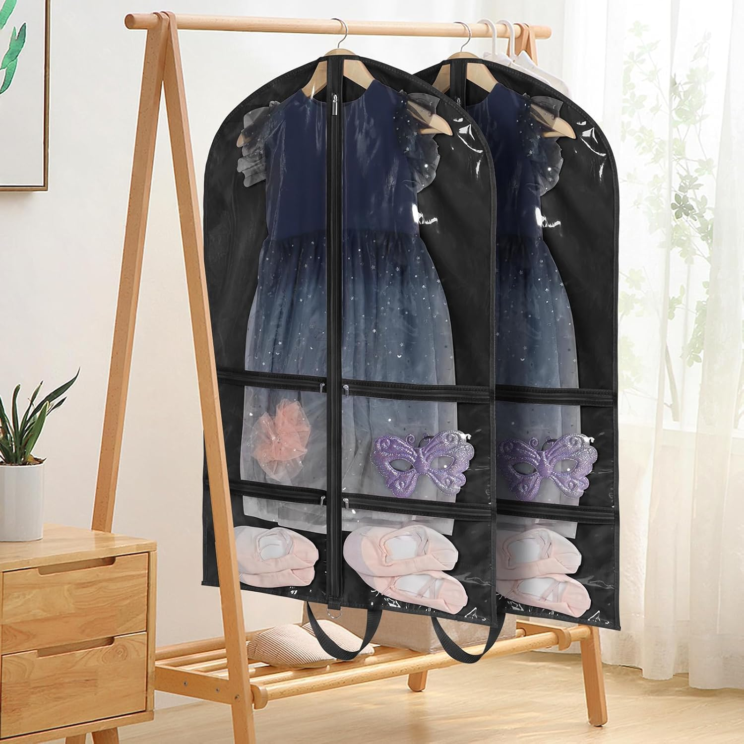 Costume Dance Garment Bag,40 Inch Dance Garment Bags with 4 Clear Zipper Pockets for Suits Dress Cover, Travel Storage & Competitions, Set of 2 (Black) image number 4
