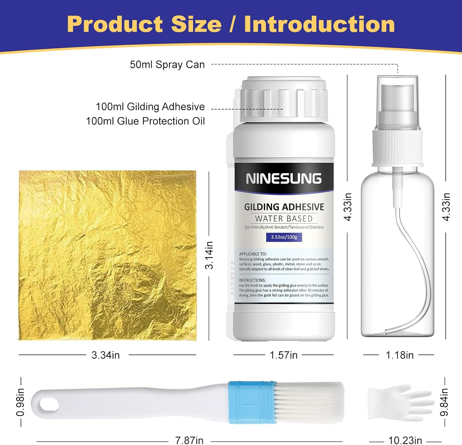 Ninesung Gold Leaf Kit | Gold Leaf Adhesive Set | 100Ml Water Based Adhesive and 100Ml Varnish | 100 Pcs Gold Leaf Sheets | 2 Brushes | with Spray Bottle | Gold Leaf Sheets for Art Craft, Painting image number 6