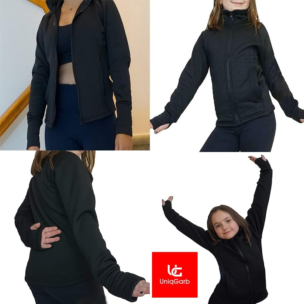 Uniqgarb Figure Skating Warm Fleece Semi Fitted Jackets Ice Skating Jacket for Girls Women Black Skate Jacket image number 5