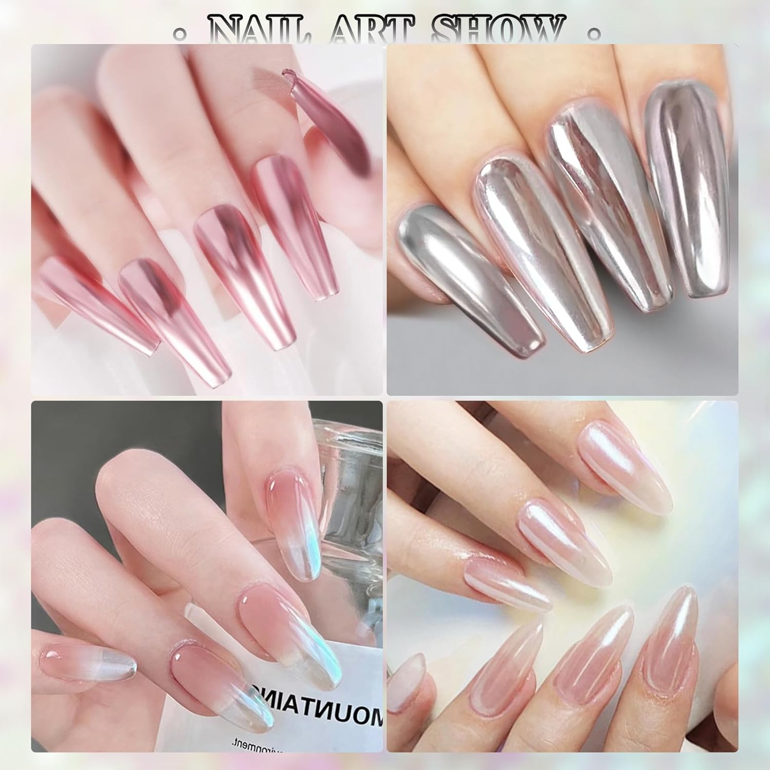 U-Shinein Chrome Nail Powder, Super Glossy Mirror Effect White Pearl Magic White Moonlight Effect Iridescent Pigment Powder, Pearlescent Iridescent Glitters Powder Metallic Pigment for Nails - Pink + White image number 4