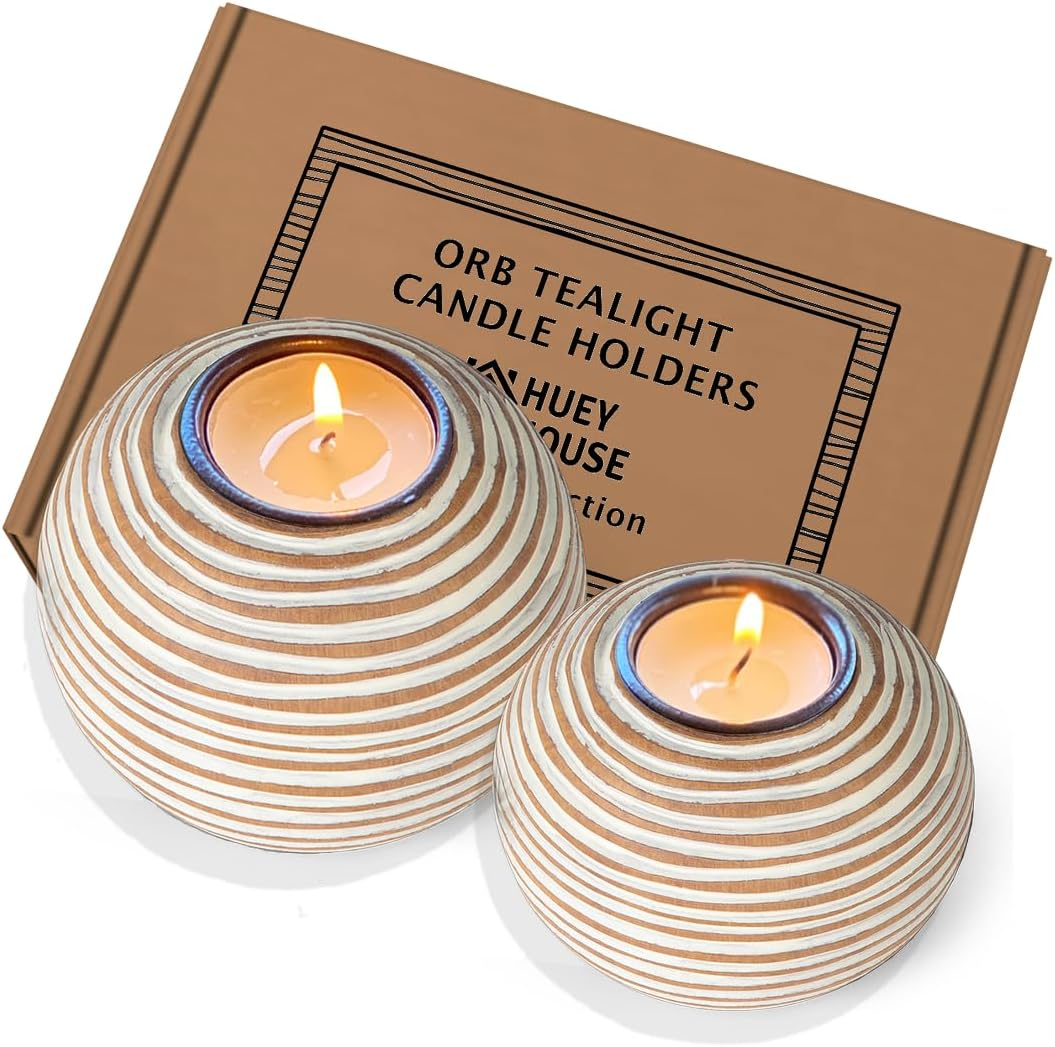 Huey House Luca Orb Candle Holders (Gift Boxed Set of 2), Table Centerpieces for Dining or Living Room, Spa, Bathroom, Kitchen Counter, Mantle or Coffee Table Decor (Grid Pattern) Beige and White