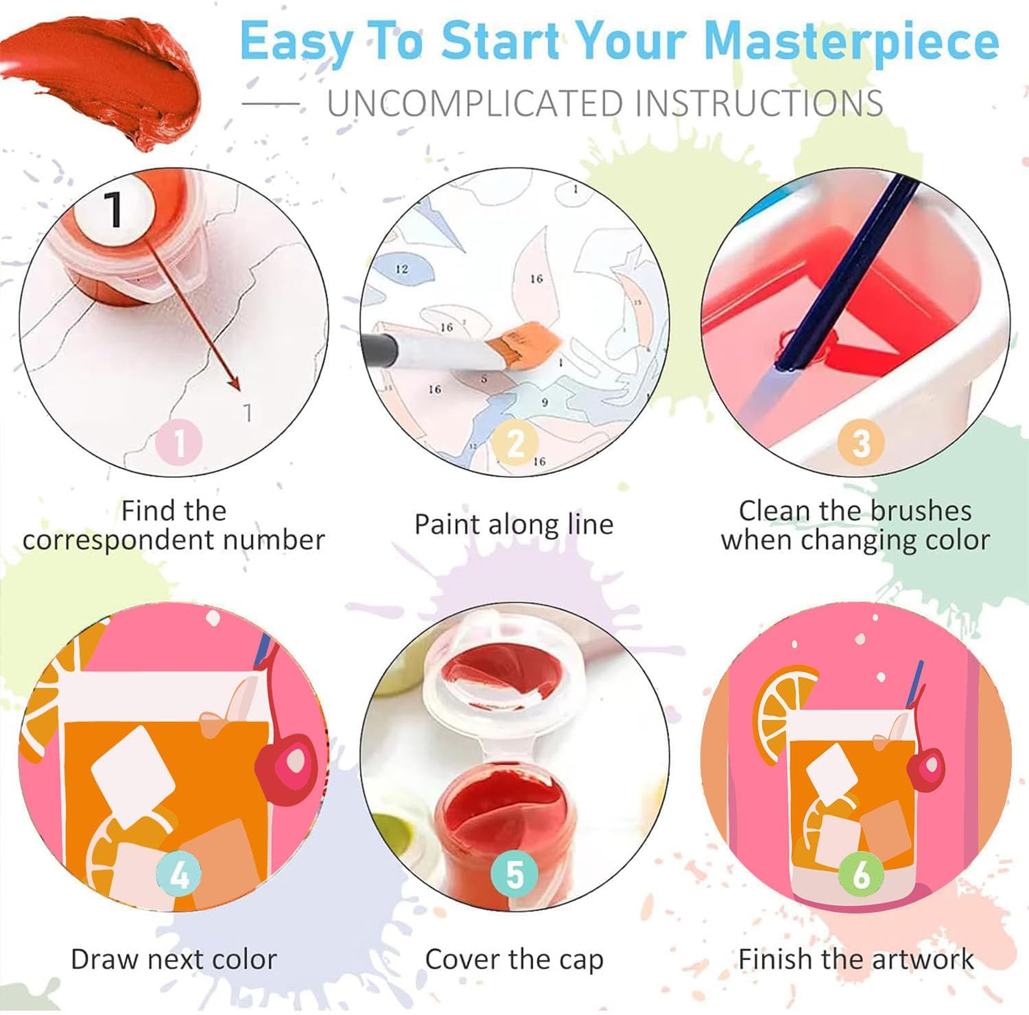 Ajepon 4 Pack Retro Cocktail Paint by Numbers Kit for Adults, DIY Vintage Easy Paint by Number with Framed Canvas, 8X12Inch image number 6