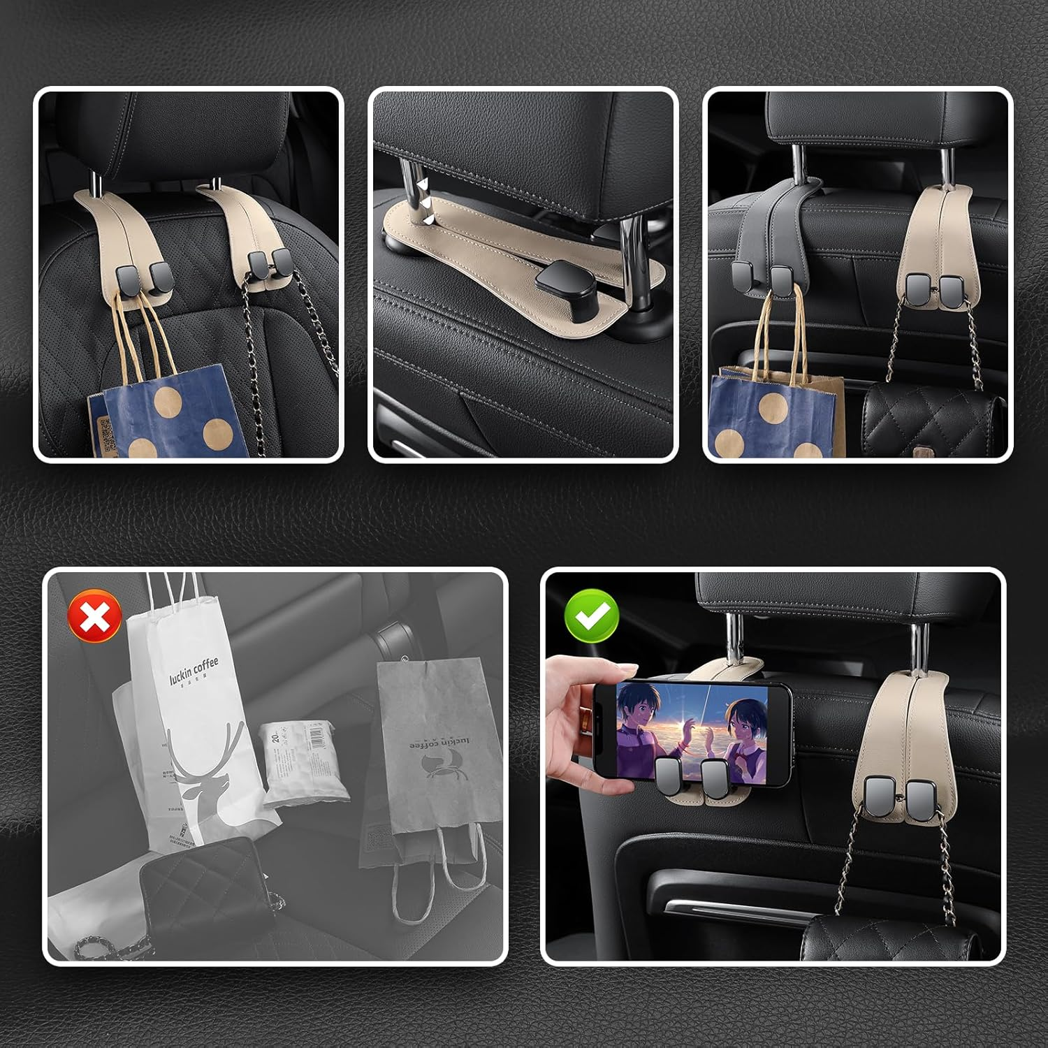 2 Pack KAFANLIN Car Headrest Hooks for Purses and Bags Cute Leather Car Seat Back Head Rest Double Hooks for Bags Cute Pink Beige Car Accessories Headrest Back Seat Handbags Hook (Black 2 Pack)