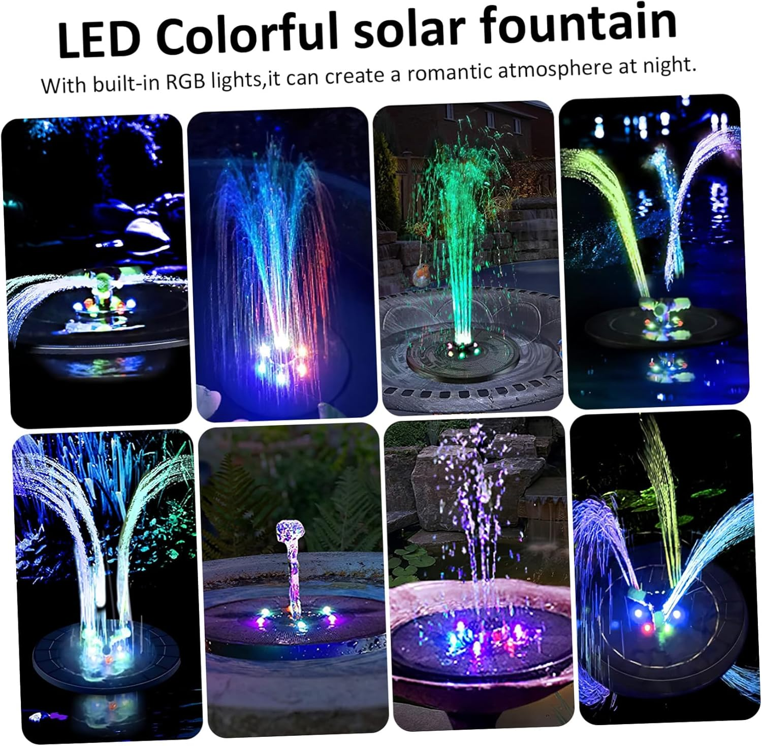 Solar Garden Fountain Pump with Floating Design RGB Colorful Lights Fountain Heads Water Shortage Protection for Bird Baths and Outdoor Pools image number 5