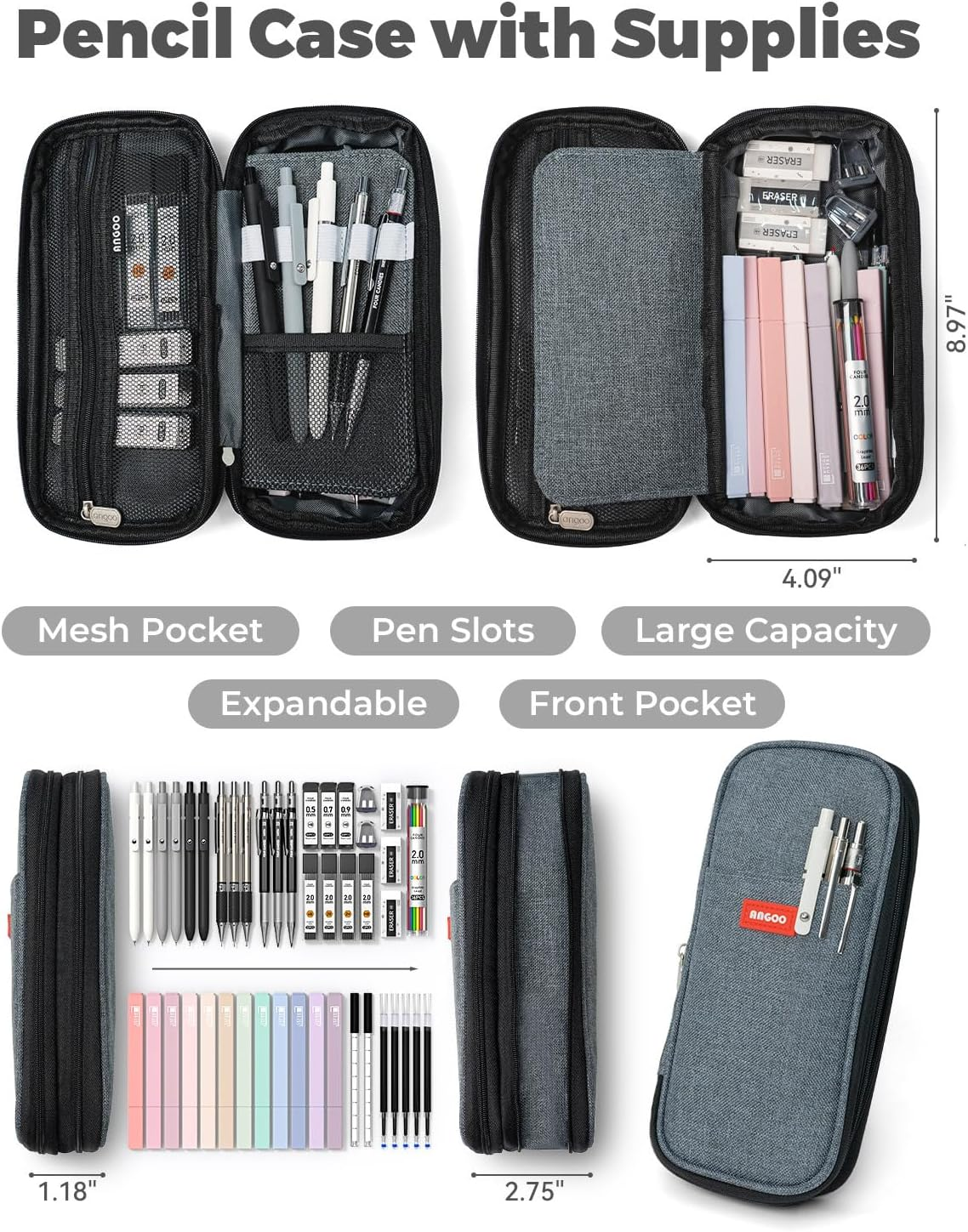 Four Candies 45 PCS School Supplies with Pen Case, 6 Gel Pens, 6 Art Mechanical Pencil Set, 12 Highlighters for College Essentials Office Stationery (Black) image number 4