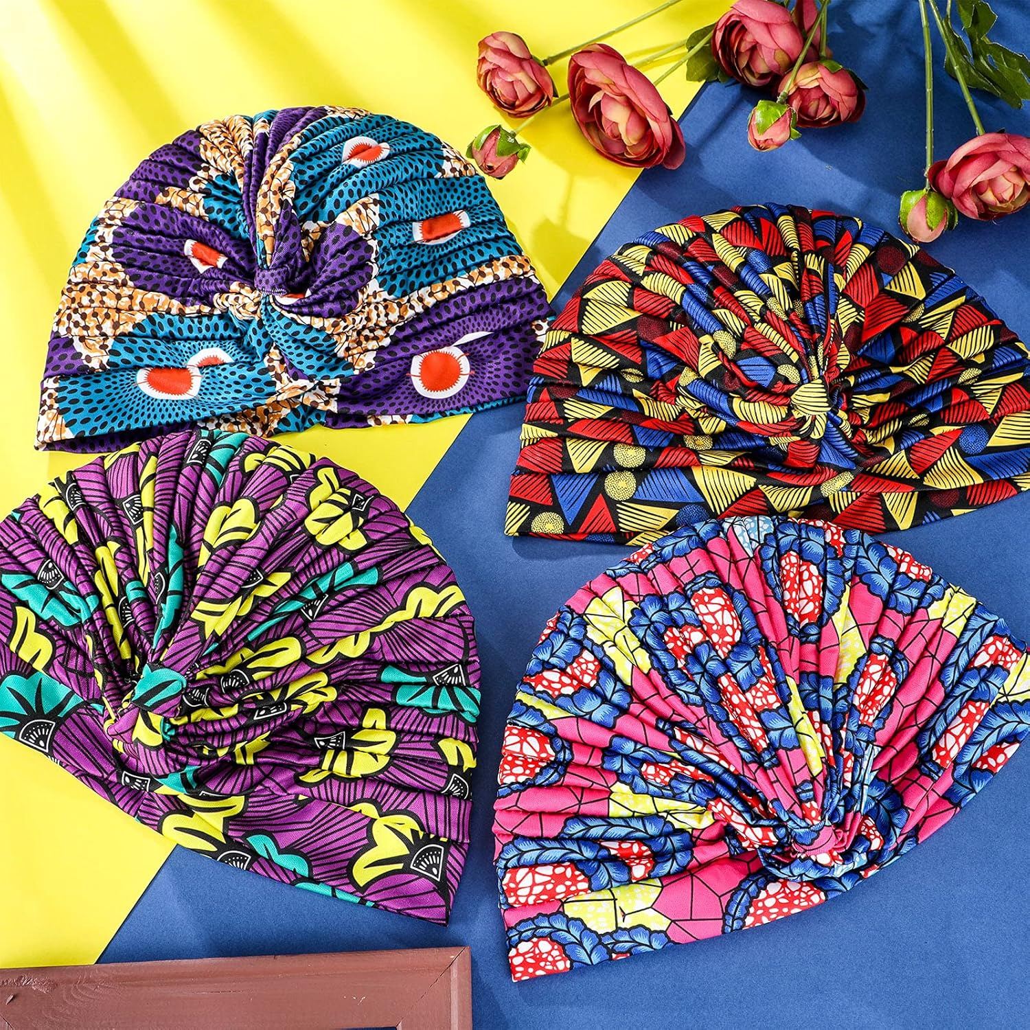 4 Pieces African Women Turban Cap Headscarf Women Turban Cap Stretch Twisted Headwrap image number 3