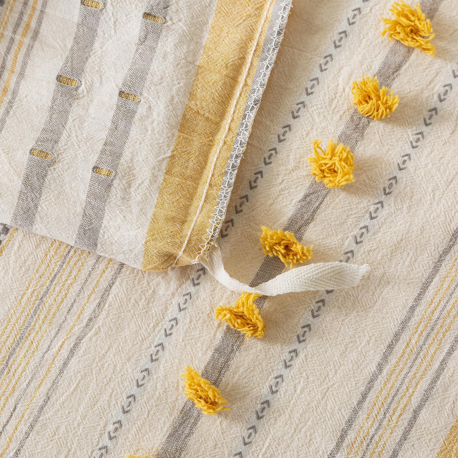 La Sheer Washed Cotton Queen Size Duvet Cover Set - Tufted Dots Boho Chic Bedding for All Seasons, Striped Pom Pom Bedding Linen like Textured Breathable Durable Soft Comfy (Yellow, 90X90'') image number 3