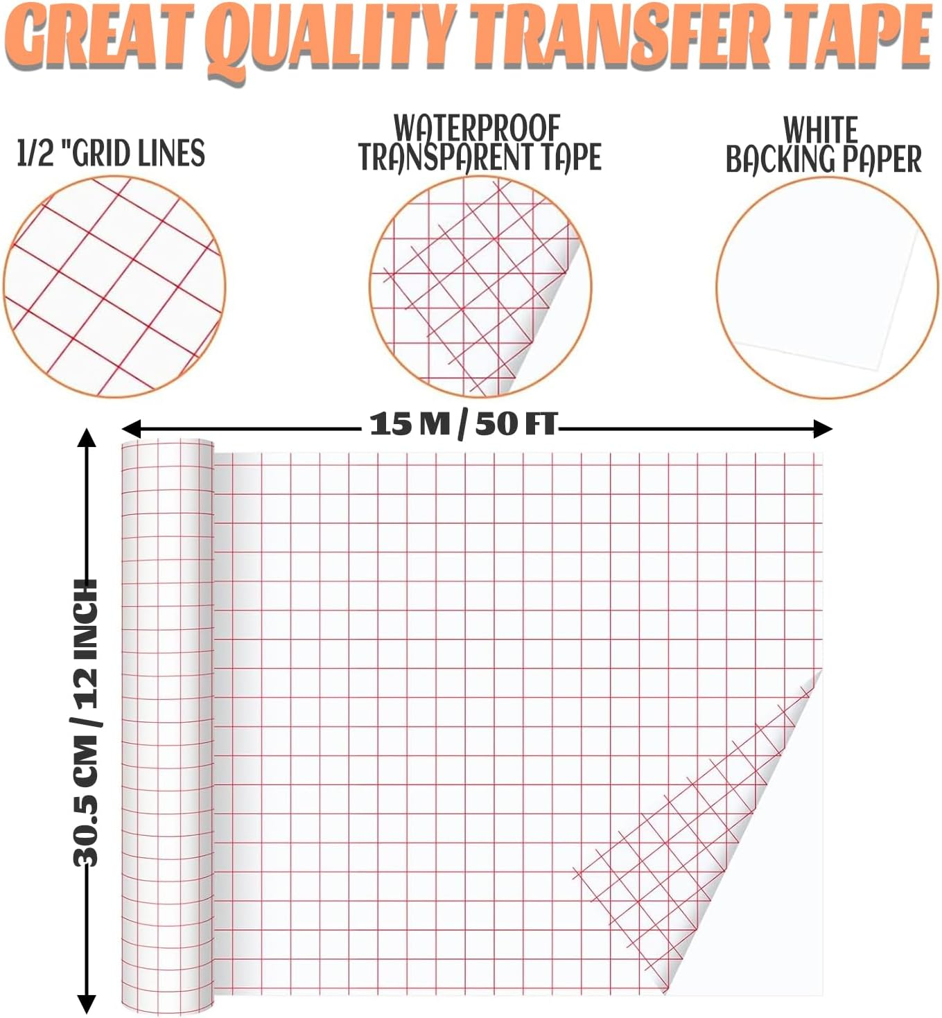 THANMAO Clear Vinyl Transfer Paper Tape Roll 12" X 50 Ft,Red Alignment Grid Clear，Transfer Paper for Cricut Silhouette Cameo Transfer Paper for Adhesive Vinyl/Decals/Signs/Windows/Stickers image number 2
