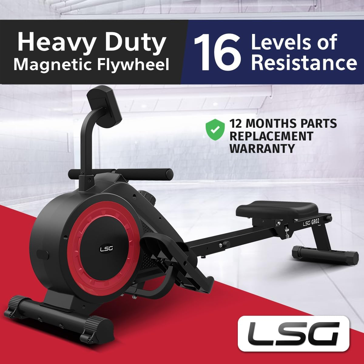 LSG GR-02 Rowing Machine with 16 Levels of Magnetic Resistance, LCD Display with Workout Data, Heavy-Duty Cast Iron Flywheel, Quiet Belt Drivetrain, Transport Wheels, Padded Handle, Commercial Rollers image number 4