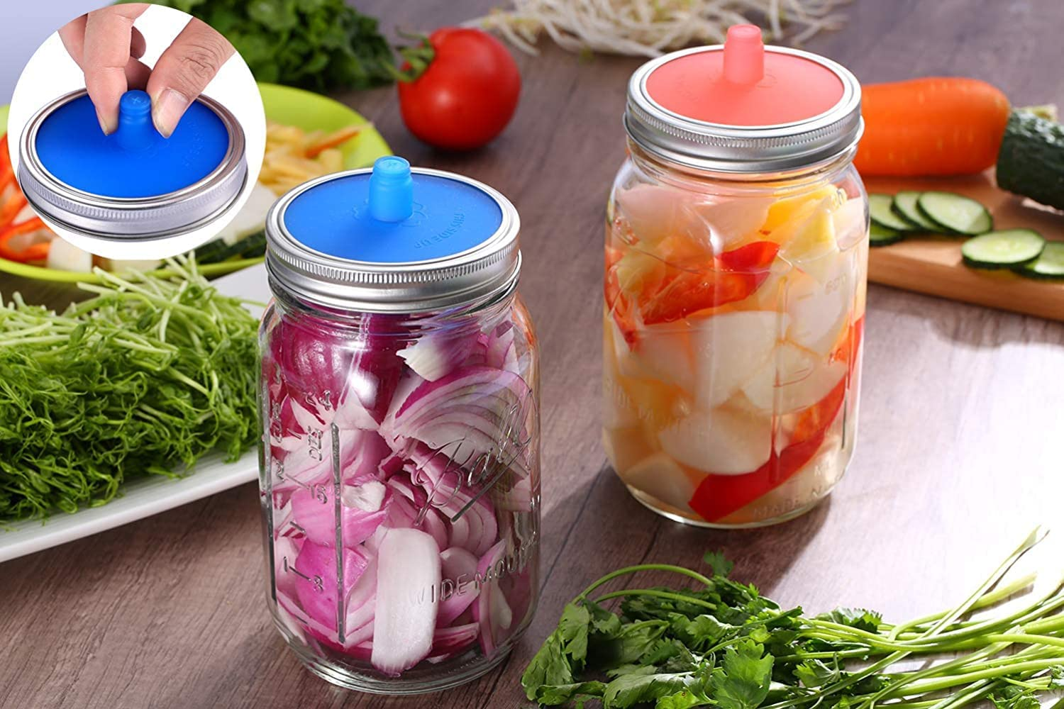 5 Sets Silicone Waterless Airlock with Silver Mason Jar Rings, Fermentation Caning Rings with Silicone Pickle Tube, Suitable for Making Sauerkraut, Kimchi in Wide-Mouth Glass Bottles