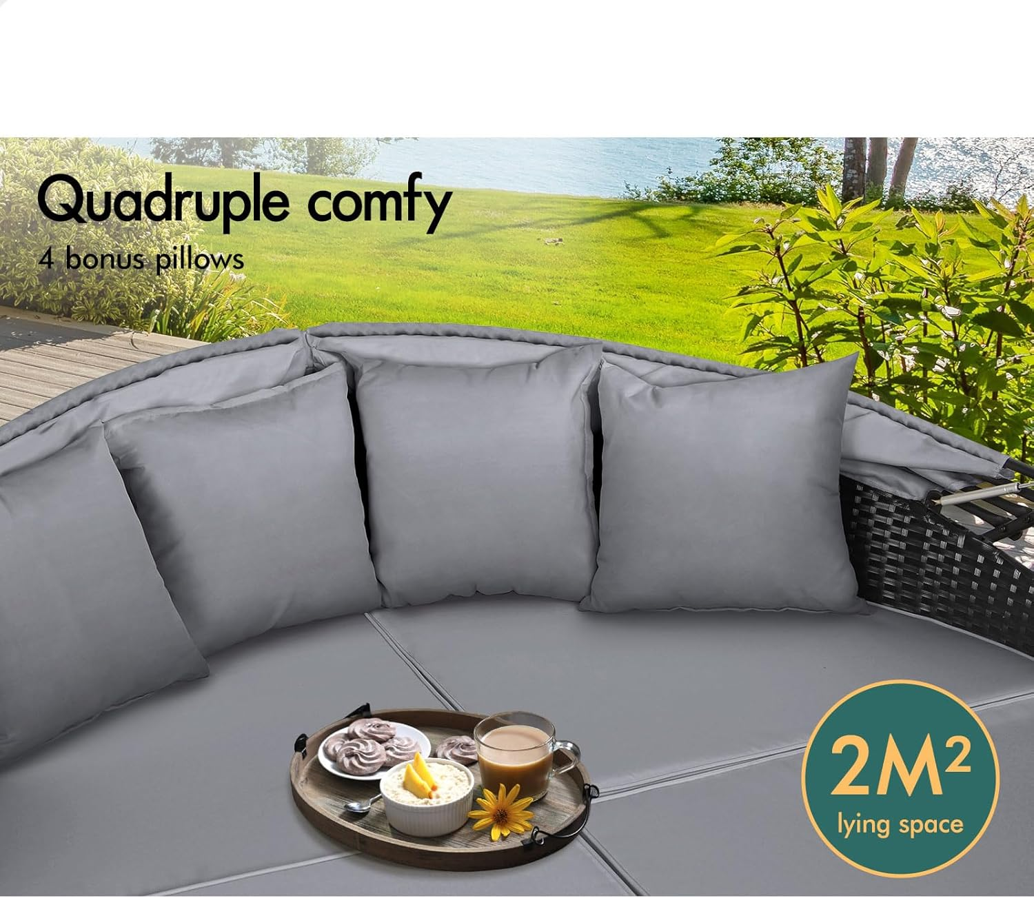 ALFORDSON Sun Bed Sofa 3Pcs with Adjustable Canopy, Wicker Outdoor Tanning Lounger with Fabric Seat Cushions & Pillows, Steel Frame Lounge Chair Furniture for Garden Pool Patio Backyard, Black Grey - Black Grey image number 4