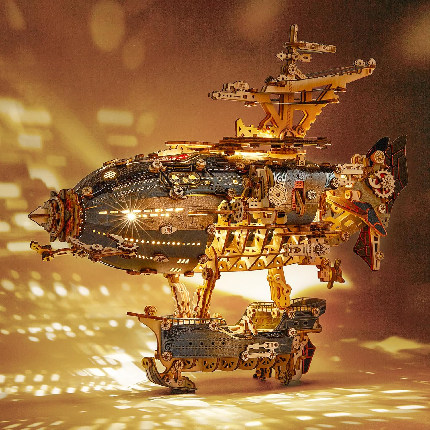 LED 3D Wood Puzzle Fantasy Airship Model - Steampunk DIY Craft Kit with LED Lights &ndash; Intricate Wooden Airship Model Building Set for Teens and Adults (Gray)