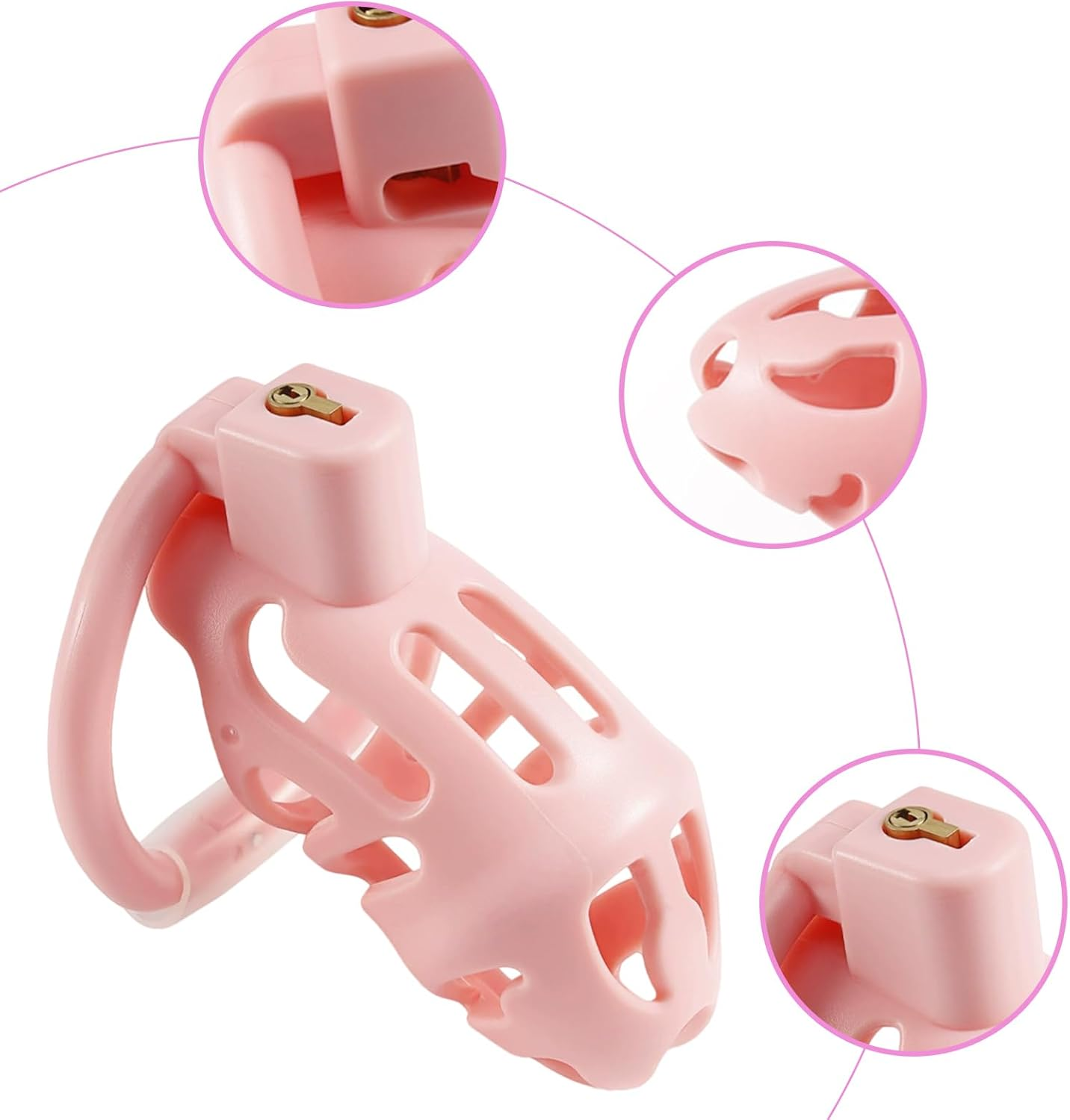 Chastity Cage for Men - Lightweight 3D Printed Honeycomb Penis Cage with 3 Sizes Rings, Invisible Lock & 2 Keys | Body-Safe Resin & ABS | Bondage, Abstinence, SM Sex Toy (Pink) image number 1