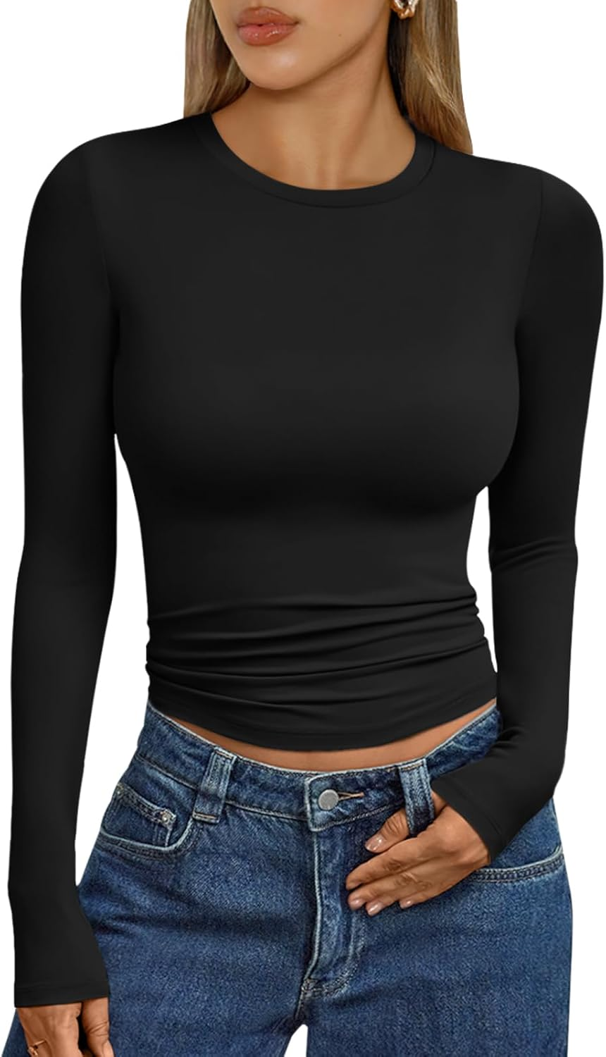 Trendy Queen Womens Clothing Long Sleeve Tops Crew Neck Basic T Shirts Going Out Y2K Crop Top Workout Gym Clothes 2025