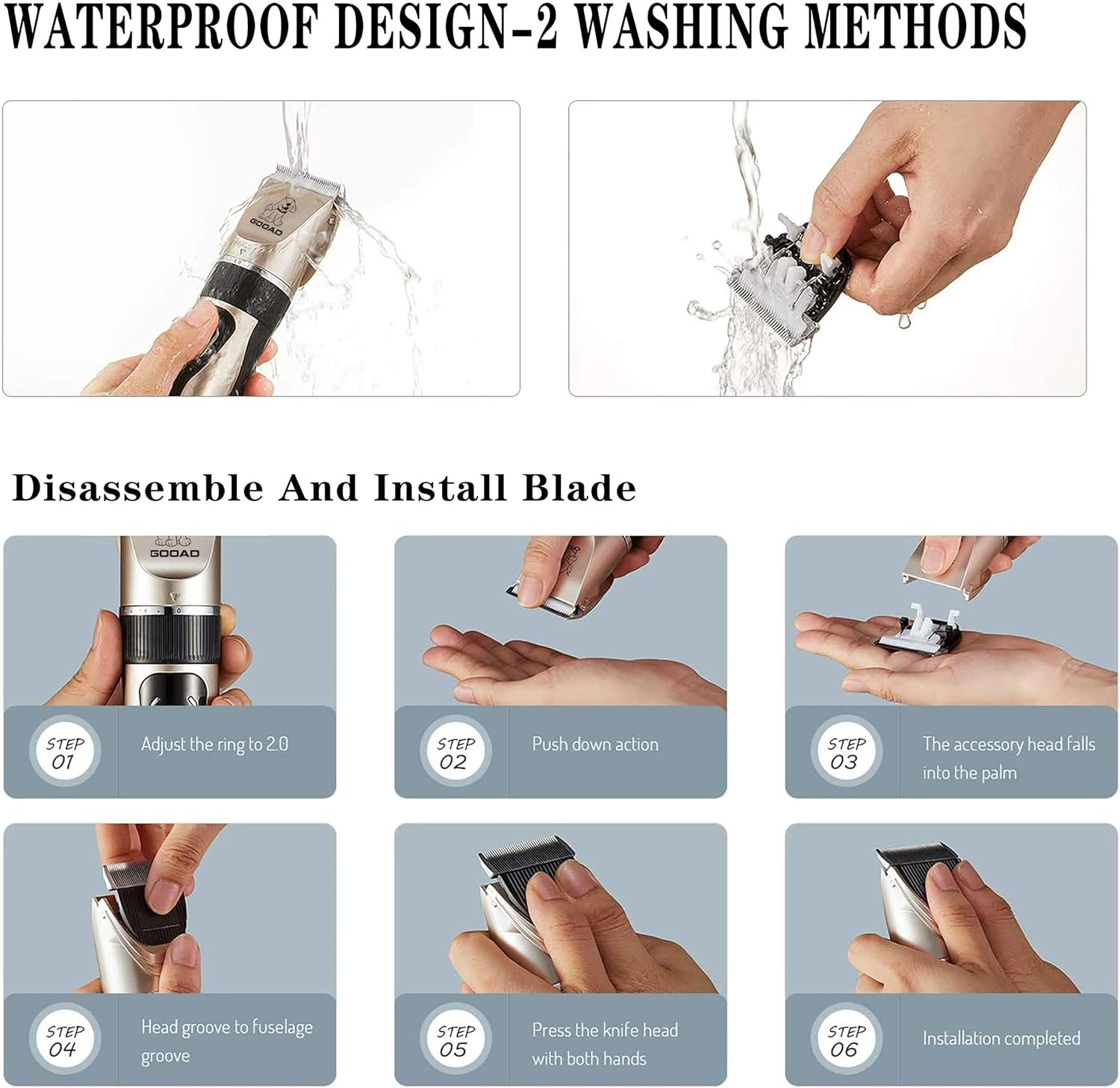 Gooad Dog Clippers for Grooming,Dog Grooming Kit for Heavy Thick Hair&Coats/Low Noise Rechargeable Cordless Hair Trimmer/Pet Shaver with Paw Trimmer for Small & Large Dogs Cats image number 3