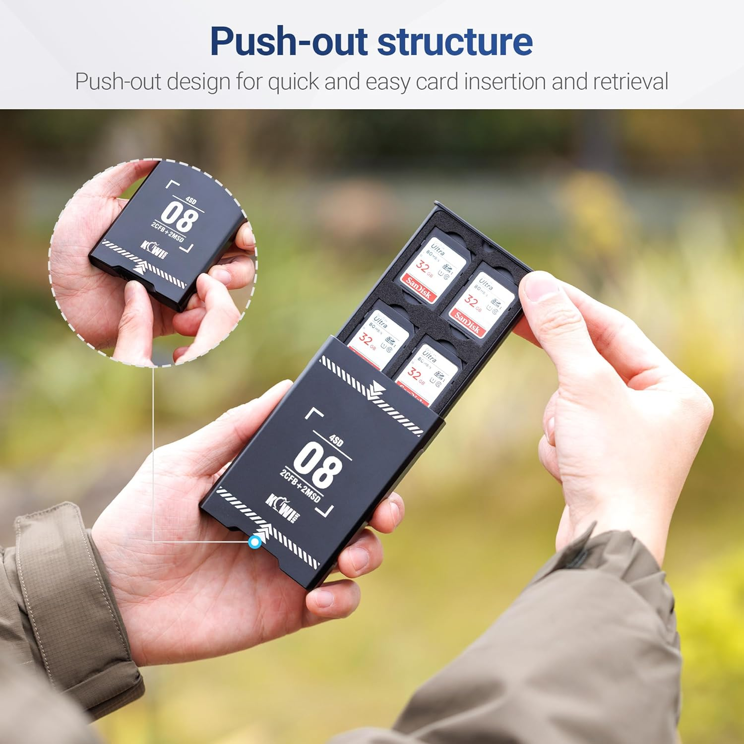 KIWIFOTOS 8 Slots Memory Card Case Pop-Up Aluminum Memory Card Holder Organizer Micro SD Card Holder Stores 4 SD & 2 CF Express Type-B or XQD & 2 X Micro SD image number 5