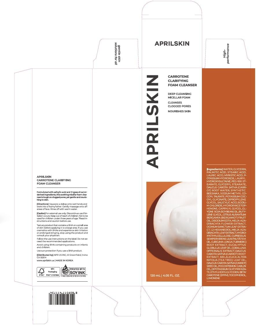 Aprilskin Carrotene Clarifying Foam Cleanser | Vegan, Cruelty Free | Oily, Sensitive, Acne-Prone Skin | Deep Cleansing with Bhas & Sebum Controlling | 120Ml | No Sulfates and Artificial Fragrance