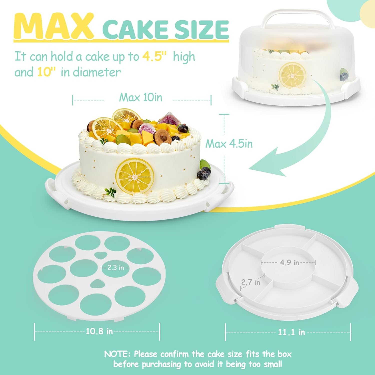Ohuhu Cake Container, Cake Carrier with Lid and Handle Bpa-Free Cake Holder for 10 Inch Cake with 2 Handles Cupcake Carrier - Plastic Cover Two Sided Base for Transport Pies Nuts Fruit image number 5