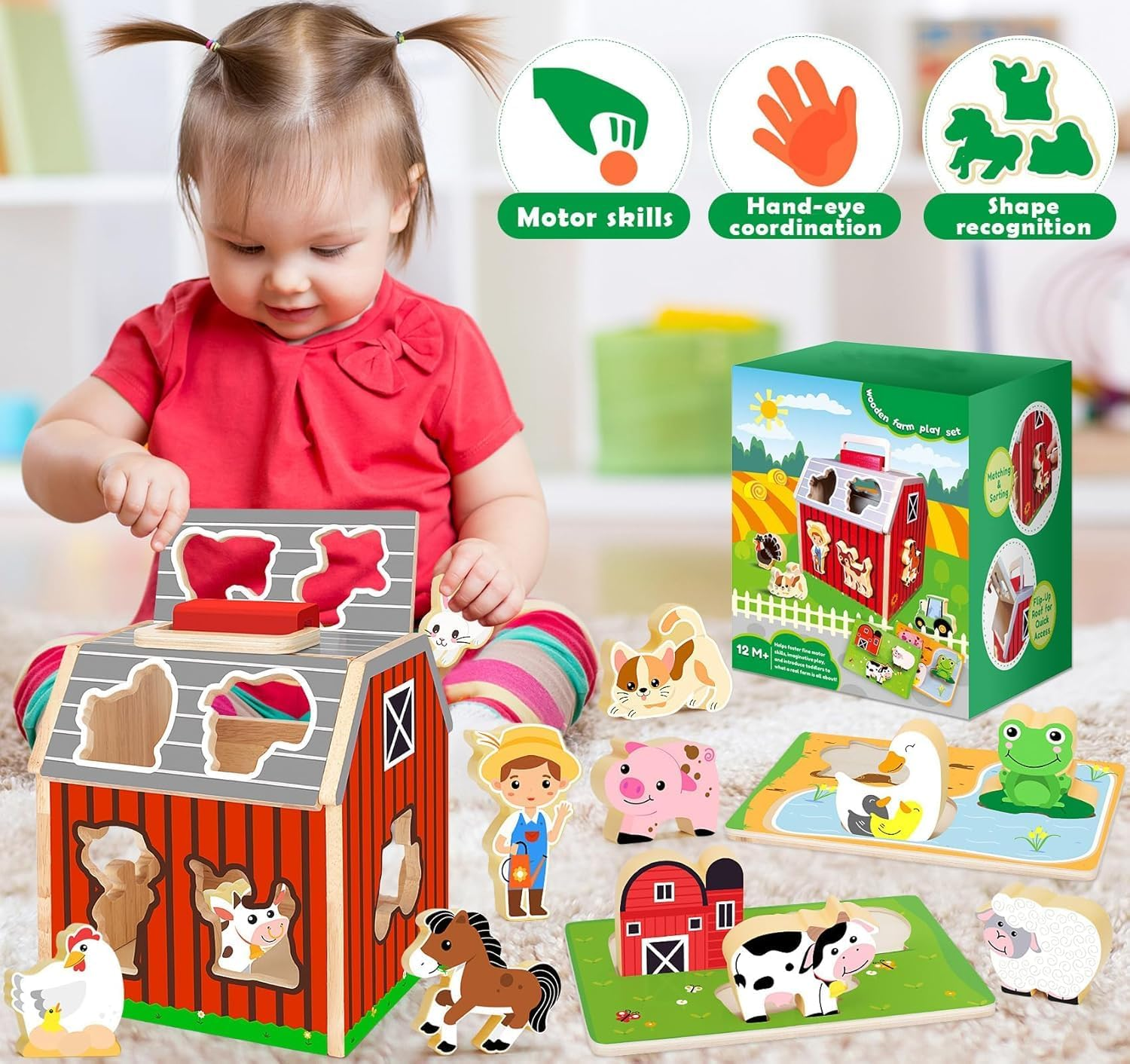 Wooden Farm Animals Shape Sorter Toys, Take-Along Sorting Barn Toy with Baby Chunky Puzzles, Montessori Shape Sorting Learning Toys for Fine Motor Games for Toddlers Kids Ages 2+ image number 5
