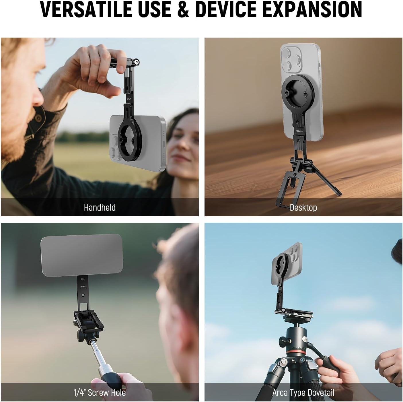 NEEWER Magnetic Phone Tripod Holder Stand, Metal Cell Phone Mount Grip with 1/4" Threads, Cold Shoe & Arca Type, Compatible with Magsafe Iphone Samsung Huawei Android for Video Recording, PA098 image number 3