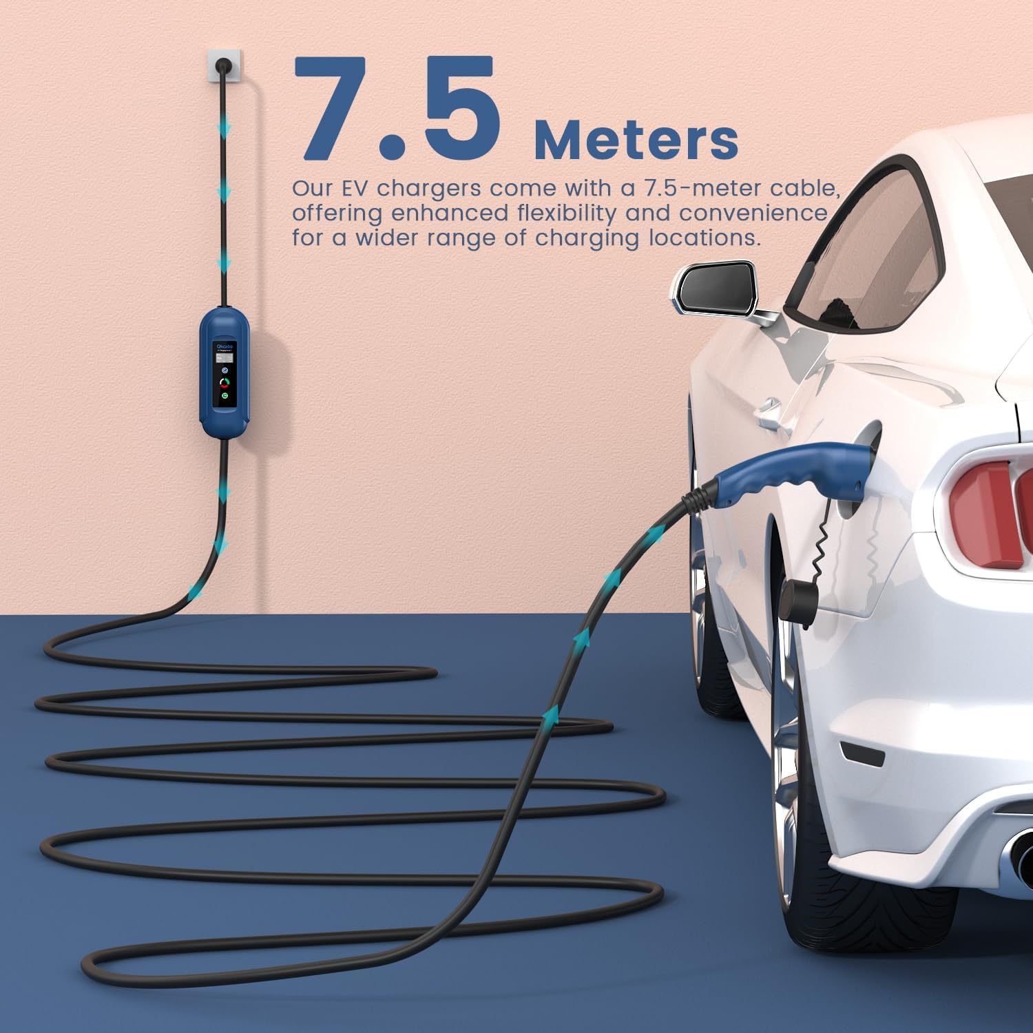 Qkcabo Type 2 Electric Vehicle Charger 15A EV Charger 240V, 7.5 Meters, 8/10/13/15A Adjustable, IEC 62196-2 Mennekes Portable EVSE EV Charging Cable Station for Tesla/Byd/Mg/Cupra/Polestar image number 4