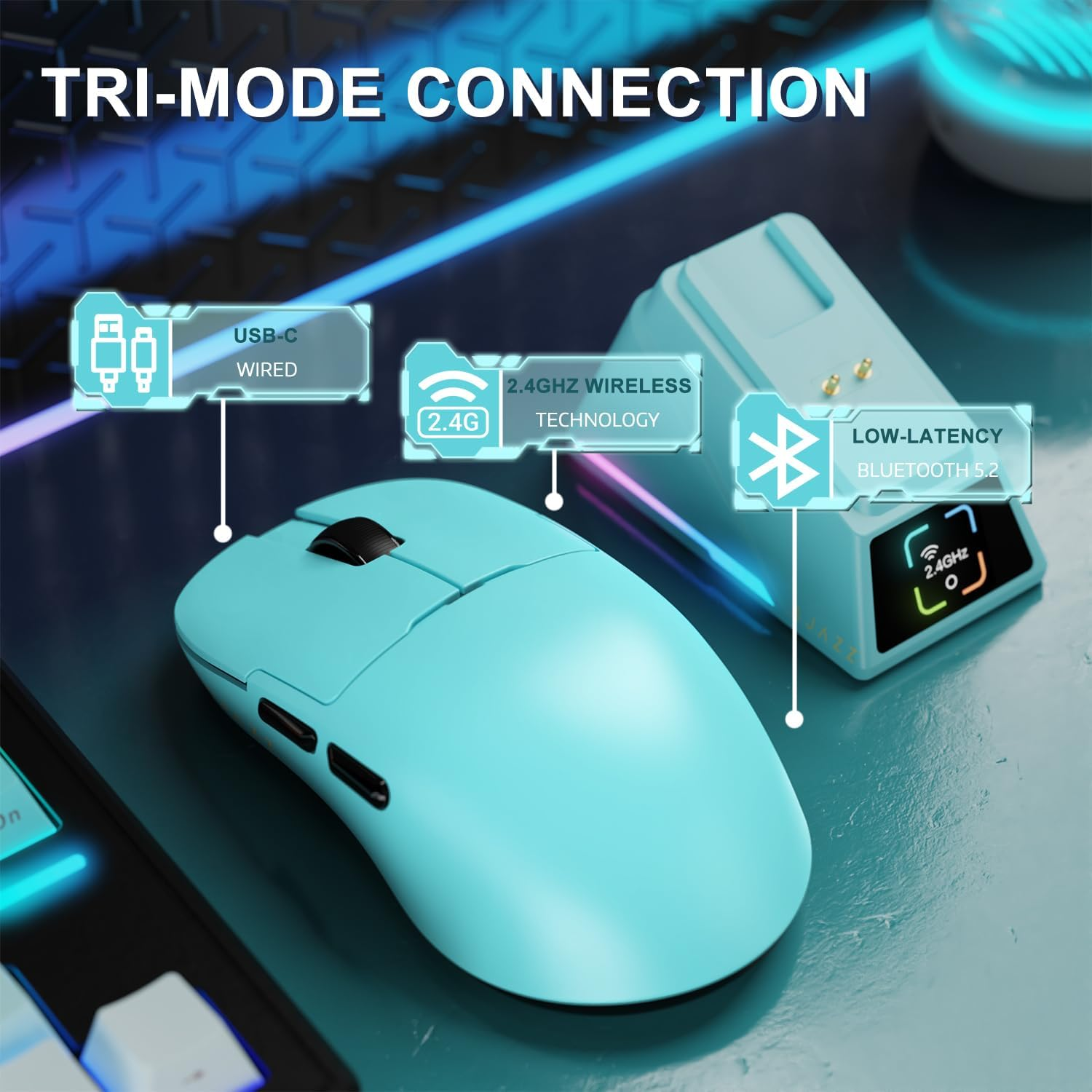 AJAZZ AJ159 APEX 8K Wireless Gaming Mouse, Magnetic Charging Dock with Screen, Pixart PAW3950 Sensor, up to 42000DPI, 56G Ultralight, 100 Million Clicks HUANO Switch, Tri-Mode Mouse, for Pc/Mac (Blue)