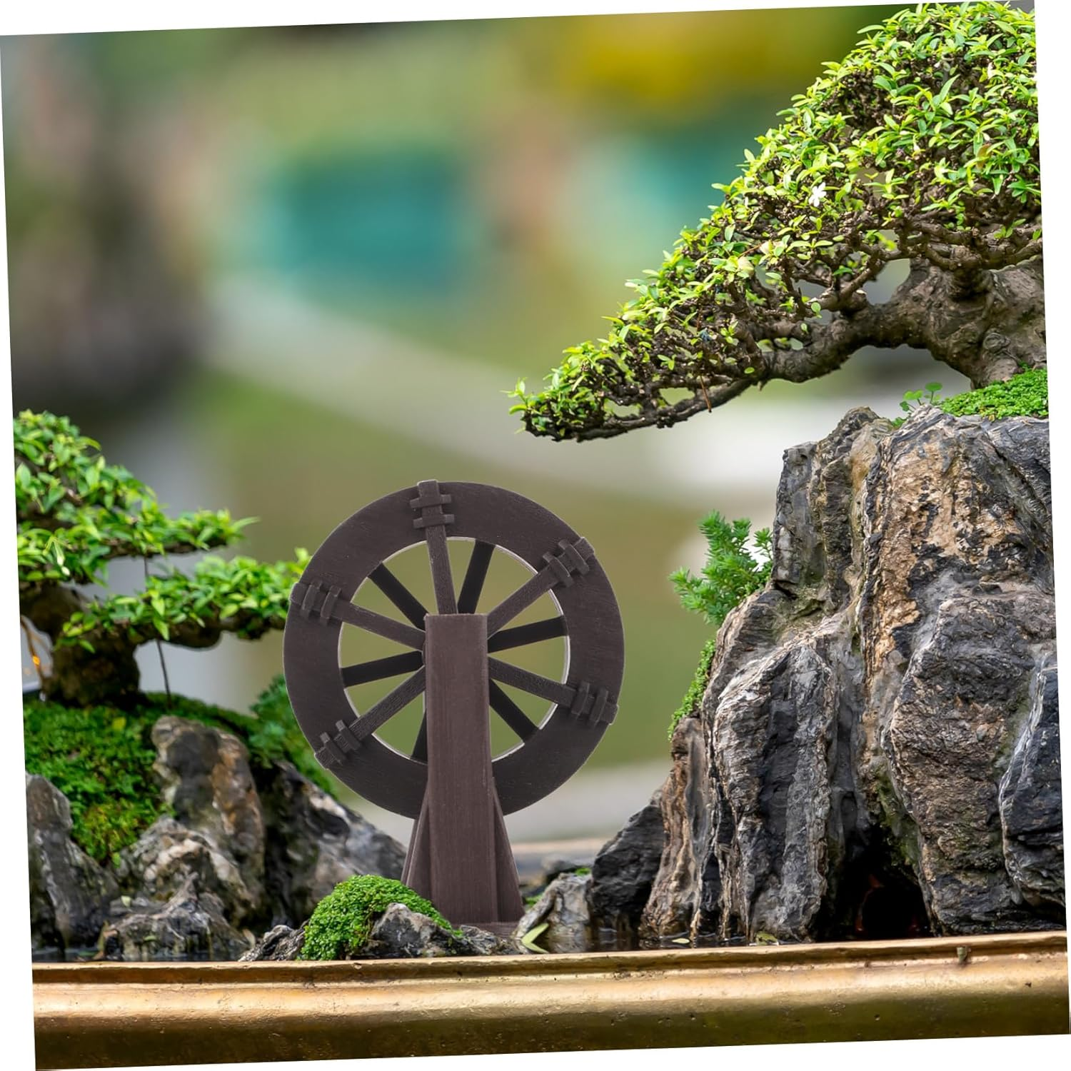 Gadpiparty Miniature Water Wheel for DIY Waterfall Fountain Brown Landscaping Wheel with Stand Vintage Style Decoration for Indoor and Outdoor Garden Scenes Calming Water Feature Ornament image number 1