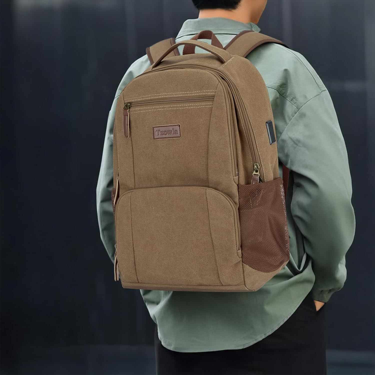 Tzowla Canvas Laptop College Backpack for Men and Women,Travel Work Vintage Rucksack with Usb/Type-C Charging Port,Lightweight Bookbag Hiking Casual Daypack Backpacks Fit 15.6 Inch Notebook image number 5