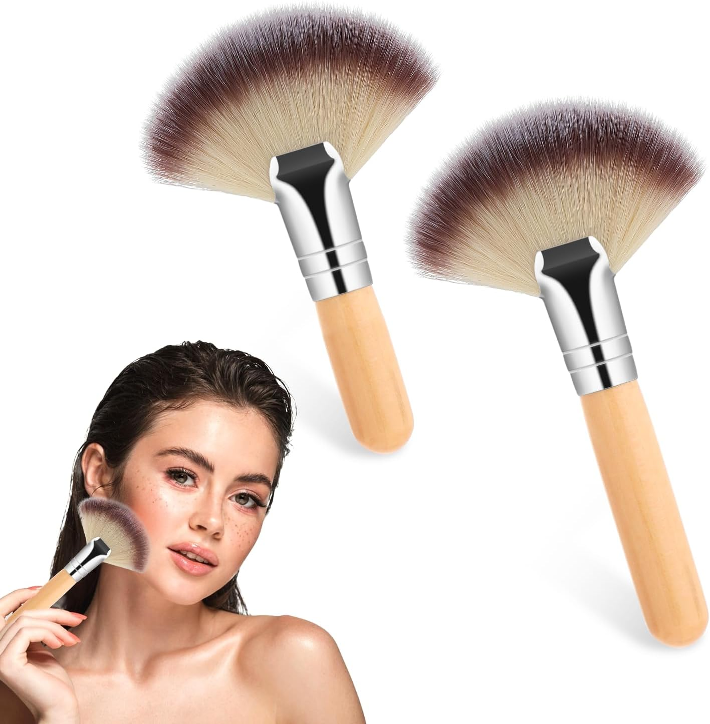 Small Fan Brush, 2 PCS Fluffy Facial Brush Cosmetic Tools Esthetician Supplies Face Applicator for Women Girls Esthetician Makeup Face Cleaning Painting Watercolor Canvas (Brown)