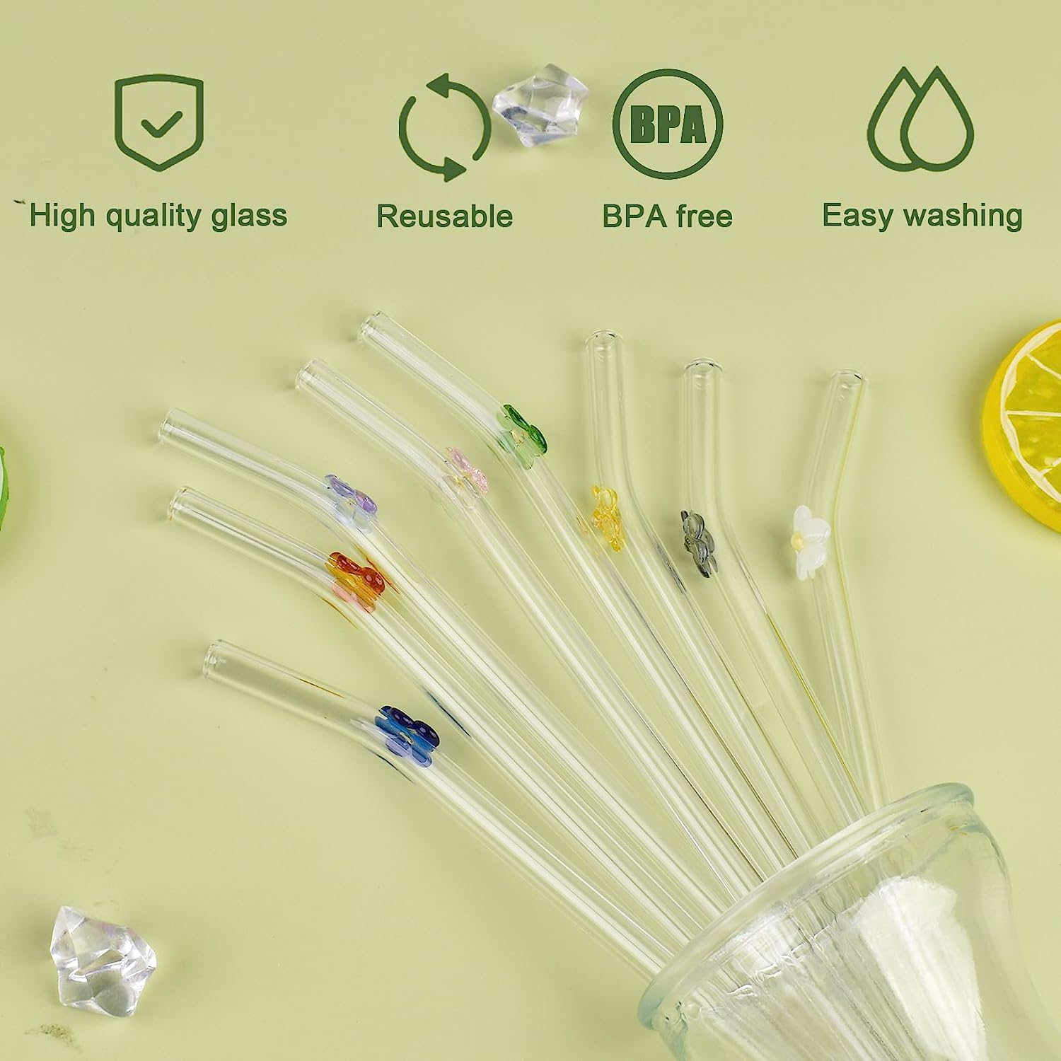 8Pcs Reusable Drinking Straws, Flower Glass Straws, Food Grade Reusable Straw with 2Pcs Cleaner Brush, Cute Clear Glass Straws with Design for Drinking Smoothies, Juices, Shakes, Cocktails image number 3
