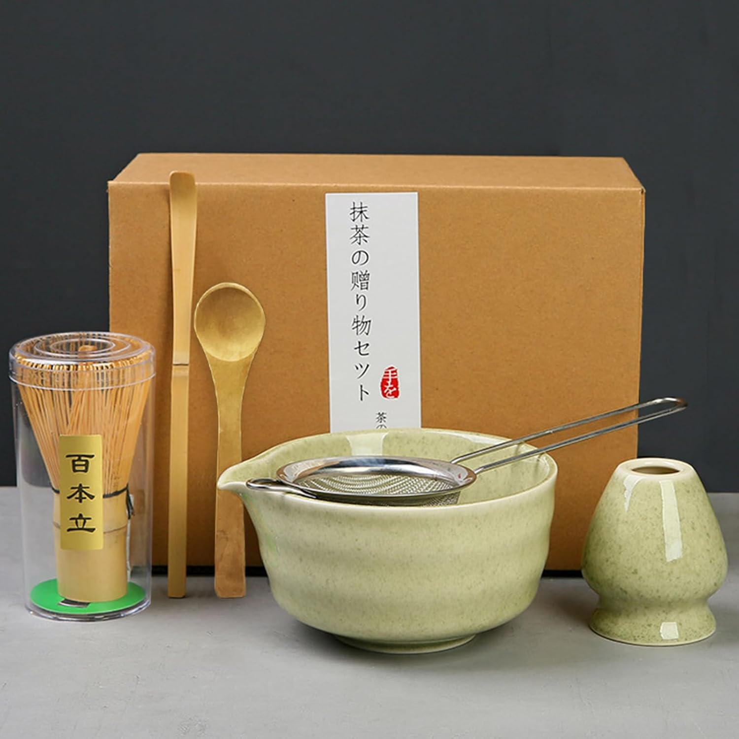 Premium Matcha Whisk Set for Japanese Tea Ceremony | 5-Piece Kit with Bamboo Whisk (Chasen), Scoop, Spoon & Steel Sifter | Authentic Traditional Tea Tools | Classic Green Design image number 4