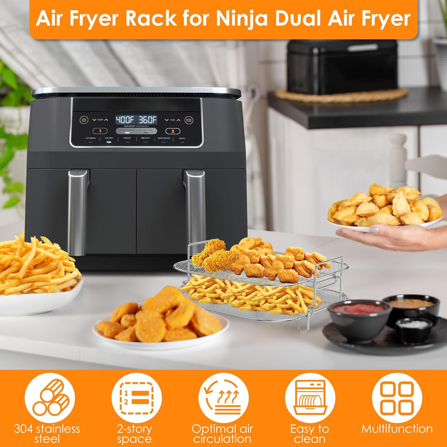 8 Inch Square Air Fryer Rack, 2 Layers Stainless Steel Dehydrator Rack, Square Air Fryer Accessories, Stackable Cooking Rack, Heat Resistant Toast Rack Dishwasher Safe for Square Air Fryer Oven image number 3