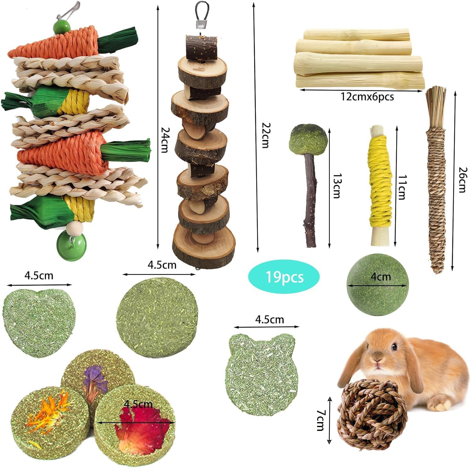 Rabbit Chew Toys, Natural Bunny Chew Toys, Hamster Chew Toys Set, Small Pets Teeth Care Molar Exercise Bunny Toys for Rabbits, Guinea Pig, Hamster and Other Small Animals image number 1