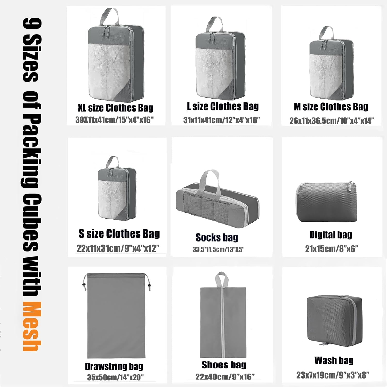 9 Pcs Compression Packing Cubes with Mesh,Lumobrilla Travel Packing Cubes Set,Travel Organisers for Carry on Suitcases,Expandable Storage for Luggage Suitcases Travel Accessories,Set of 9,Grey - 4 Pcs-Black-Mesh image number 6