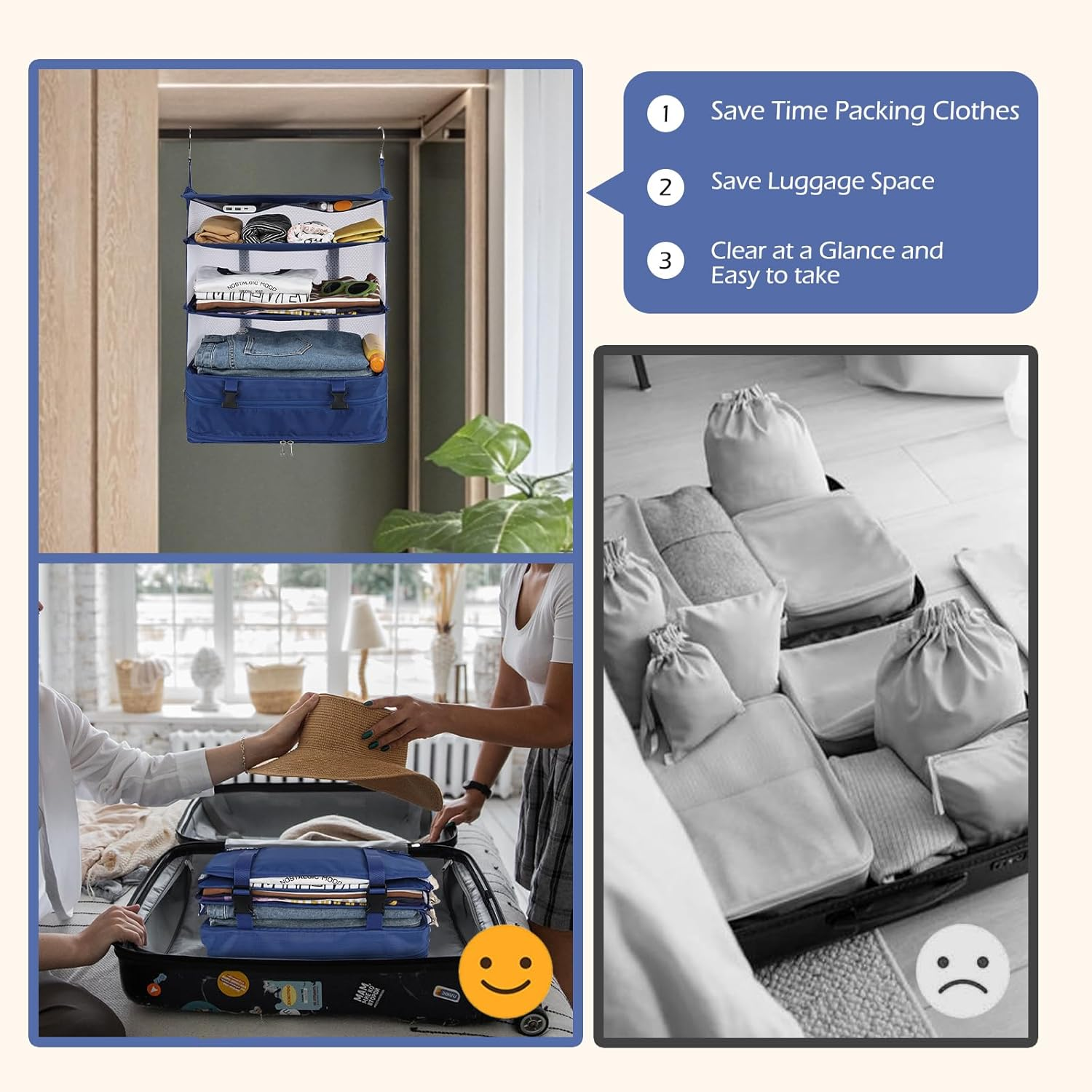 Surblue Hanging 3-Shelf Closet Organizer Pocket Collapsible Washable Oxford Fabric with 2 Hooks (XL 17.71 * 11.81 * 20In, Blue) image number 4