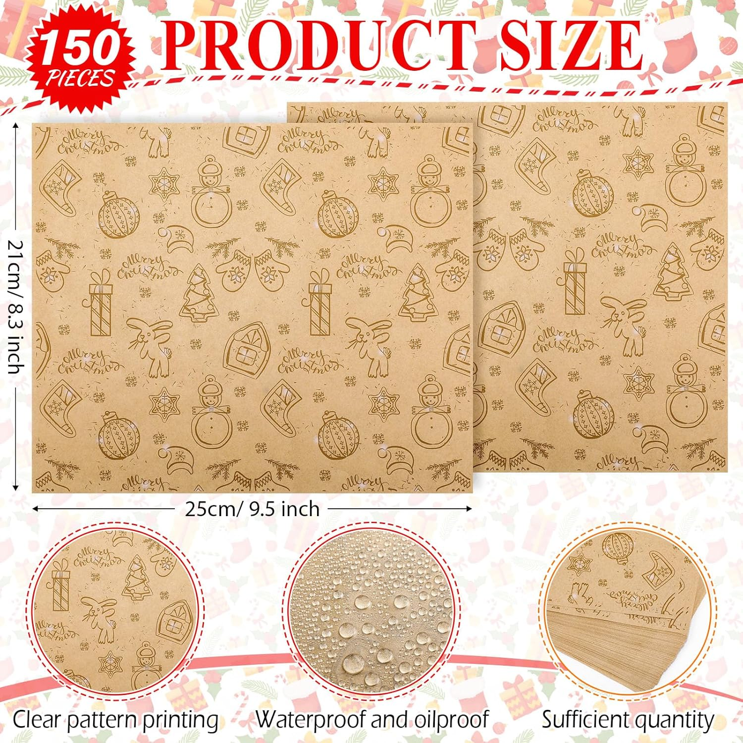 150 Pieces Wax Paper Sheets Christmas Wrap Paper Grease Resistant Paper Liners Greaseproof Paper Food Wrap Wrapping Tissue Sandwich Wrap Paper for Restaurant Food Supplies (Cute Style, Brown)
