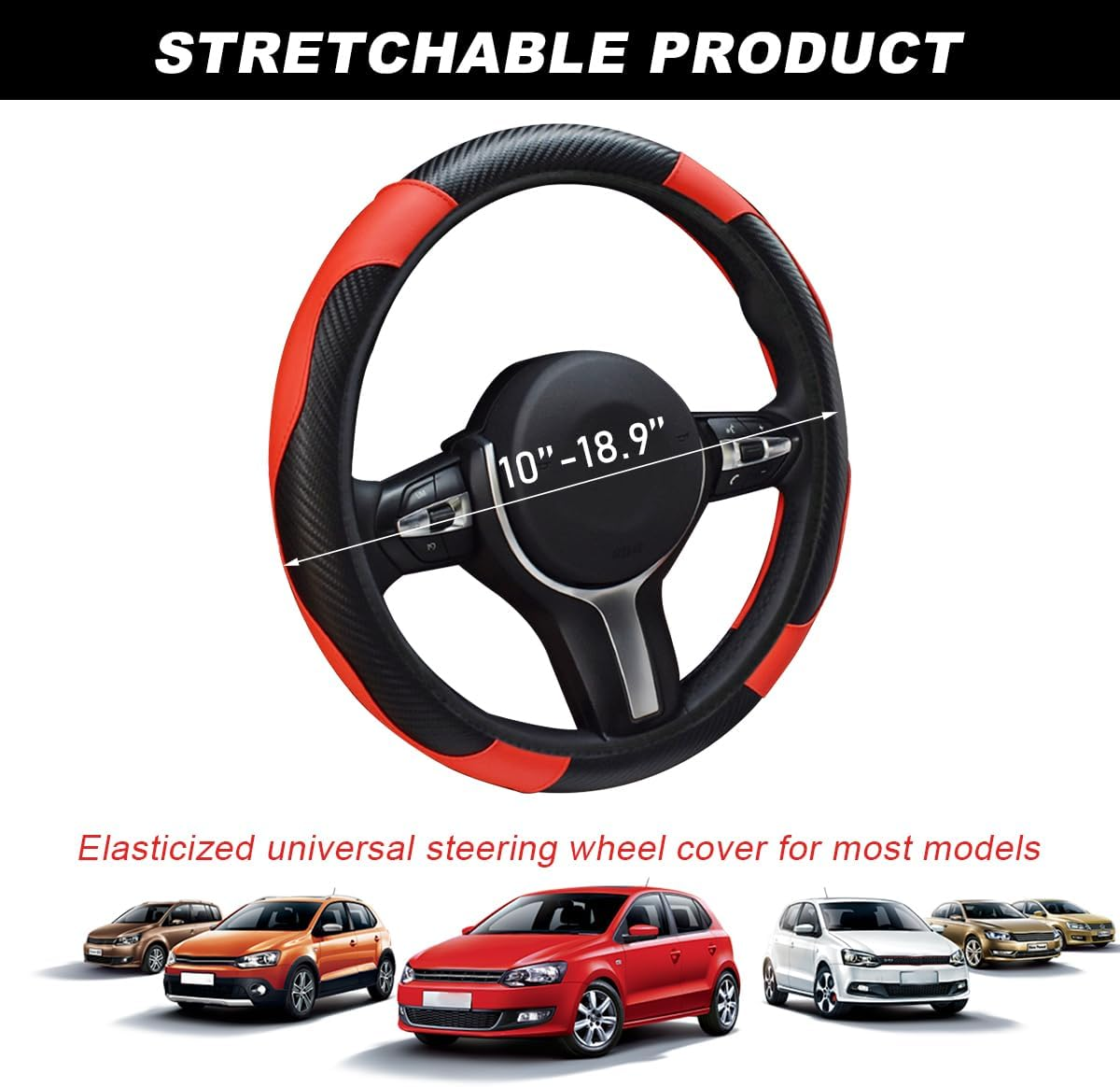 DXNQ Car Steering Wheel Cover, 15 Inch Carbon Fiber Leather Stitching Color Steering Wheel Protector, Anti-Slip Elastic Breathable Steering Wheel Cover Stylish Decor for Most Cars (Black&Red) - Beige, Ad image number 7