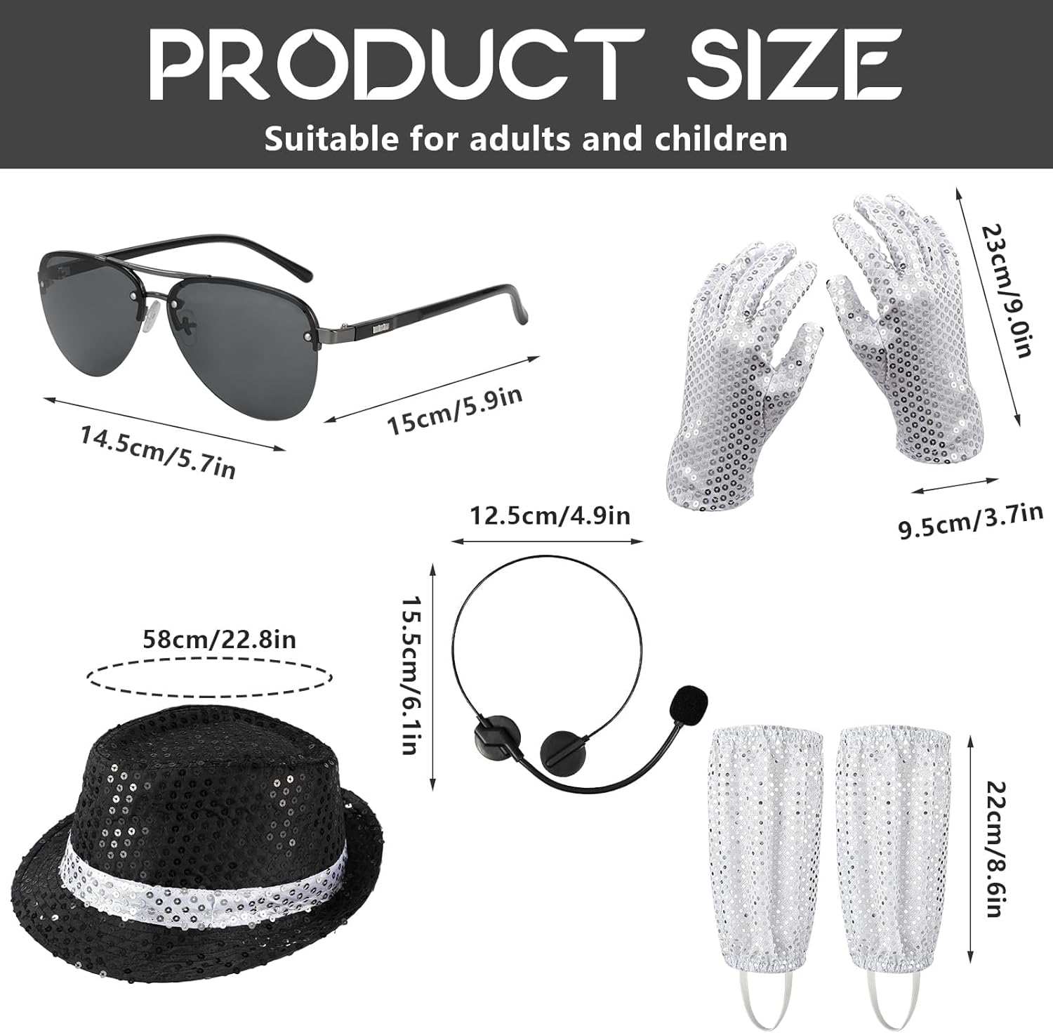 7PCS MJ Costume Accessories Adults, Disco Costume Set with Sequin Hat Head Microphone Sunglasses Sequin Gloves Silver Sock, 1980&rsquo;S Star Fancy Dress Cosplay Halloween Party Dress up Props image number 1