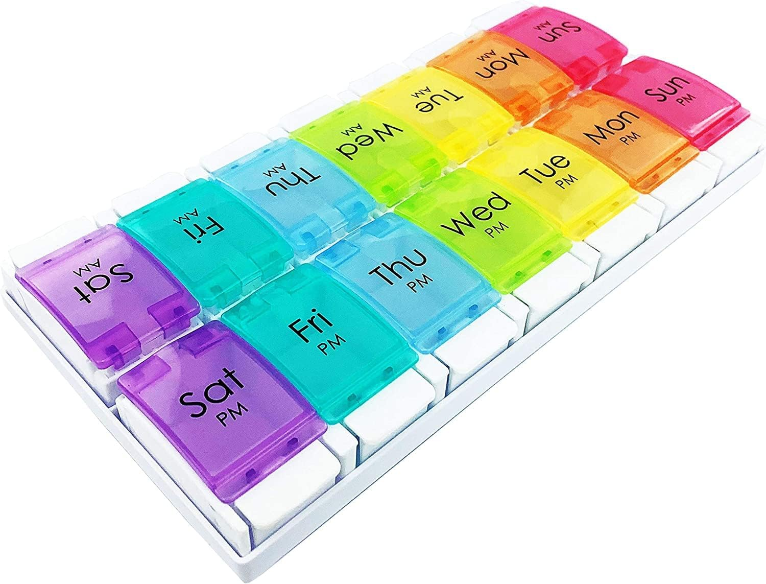 AM PM Weekly 7 Day Pill Organizer (Twice-A-Day)， Large Daily Pill Cases with Easy Push Button Design for Pills/Vitamin/Fish Oil/Supplements - Rainbow image number 6
