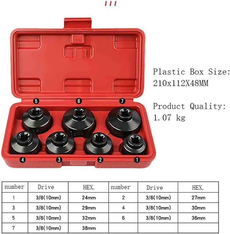 7PCS Oil Filter Cap Wrench Tool Kit, 3/8" Drive Metric 24Mm,27Mm,29Mm,30Mm,32Mm,36Mm,38Mm Socket Set for Toyota VW BMW Mercedes with Case image number 2