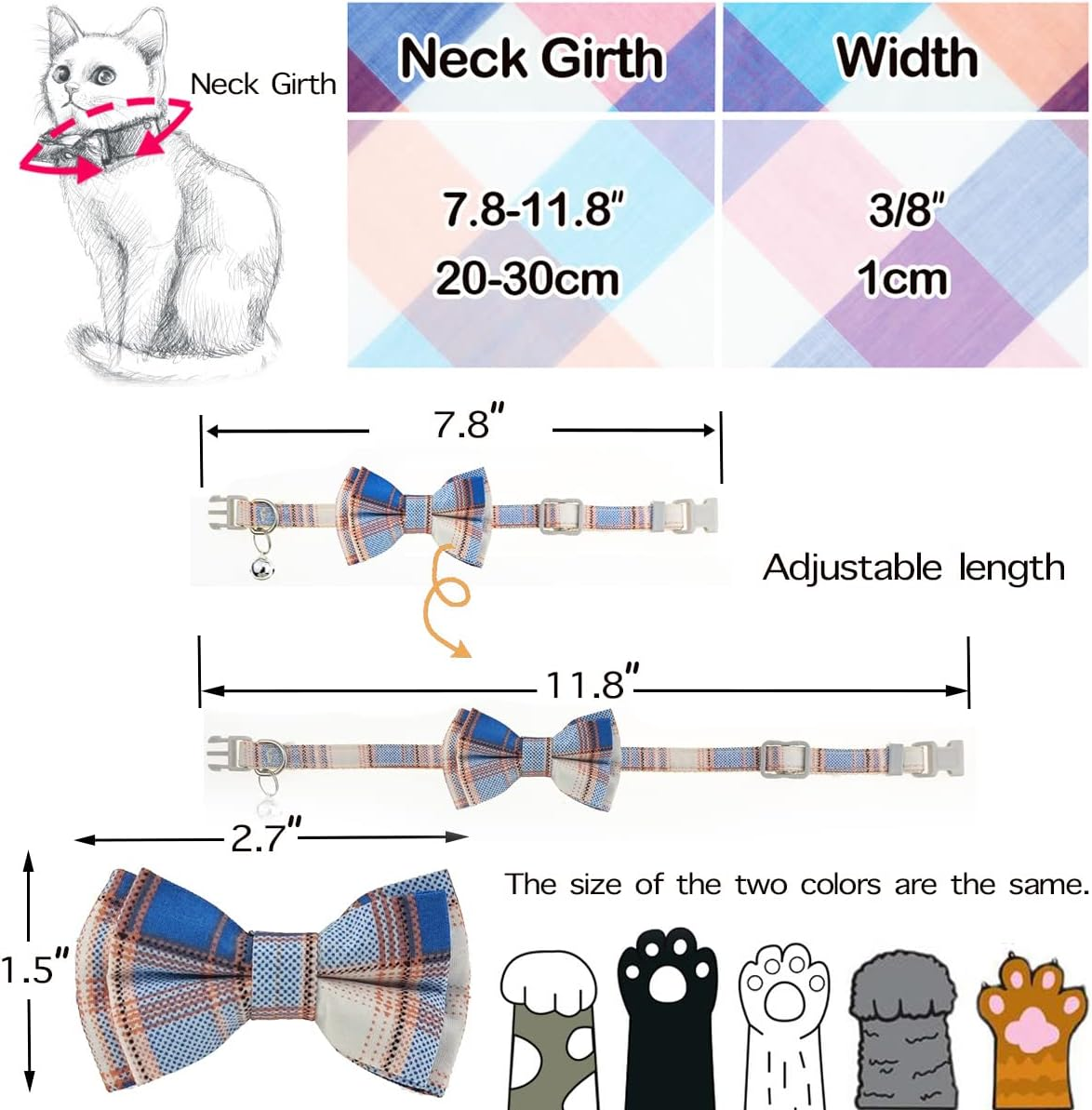 Cat Bow Tie Collars with Bell Adjustable Plaid Collar for Kitten Puppy Cute Collars Soft Cat Collar with Bell Tie image number 2
