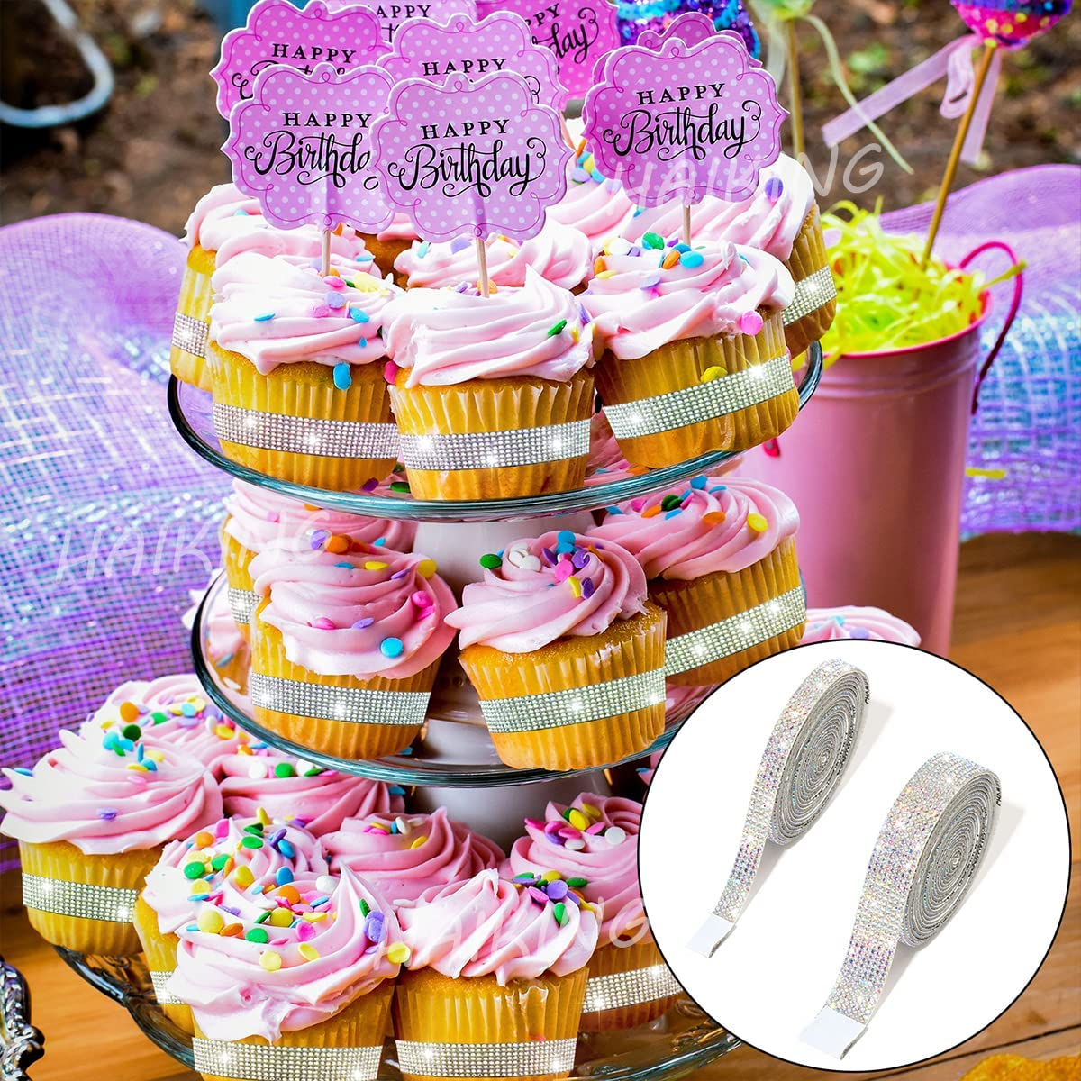 Rhinestone Ribbons, 2 Rolls AB Self Adhesive Crystal Rhinestone Diamond Ribbon for Arts Crafts, Birthday Party, Wedding Party, Car DIY Decoration (2 Yards) image number 2